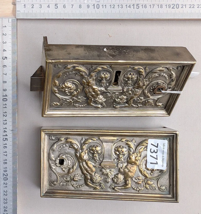 Antique bronze lock with beautiful decoration—see photos for dimensions