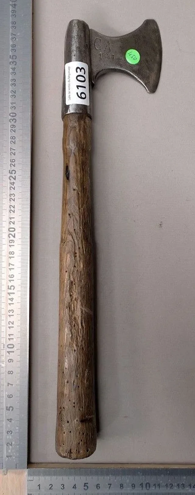 1 antique hatchet, 1886, wrought iron—see photos for dimensions and condition