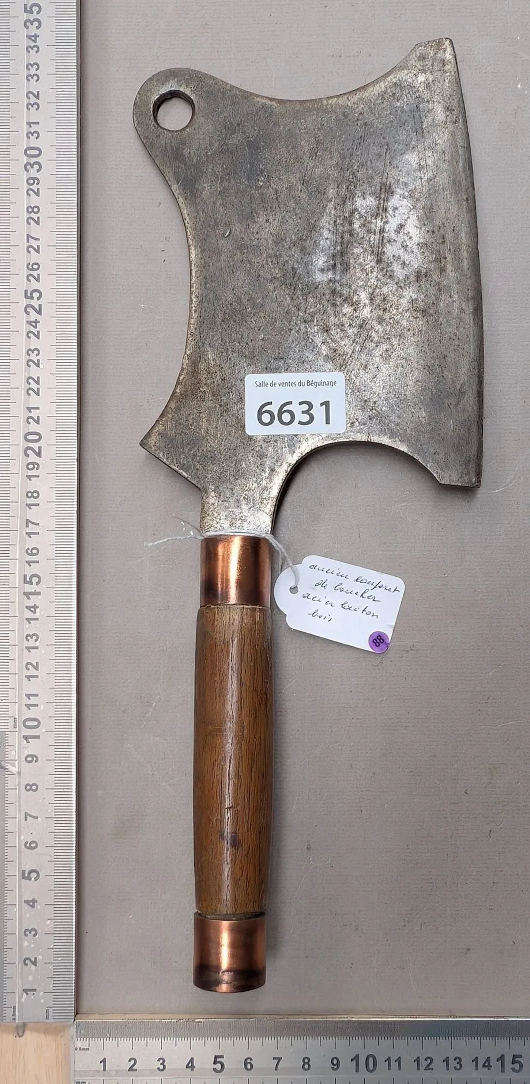 Antique brass-steel cleaver with wooden handle—see photos for dimensions