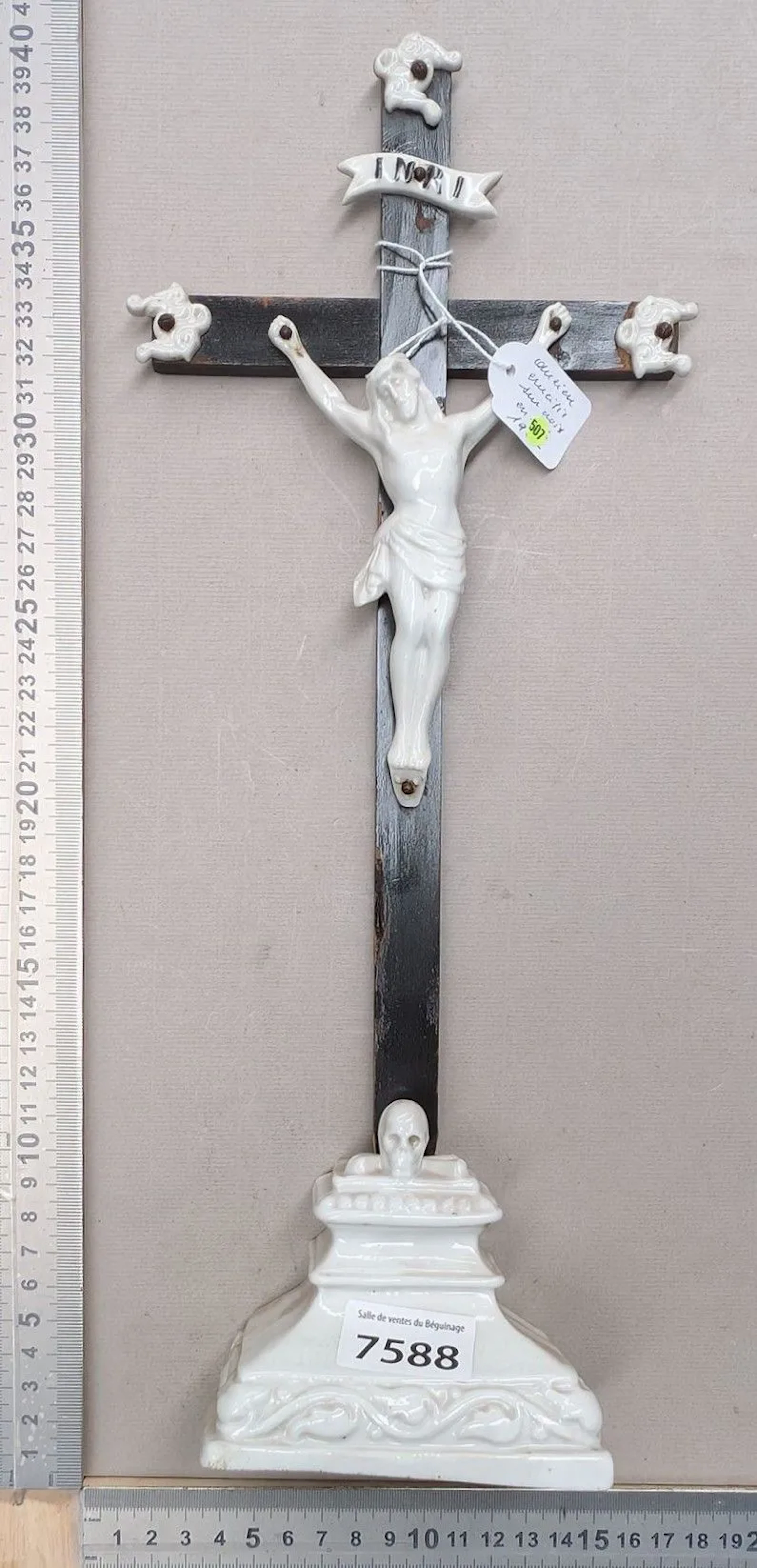 1 antique earthenware crucifix with base—see photos for dimensions