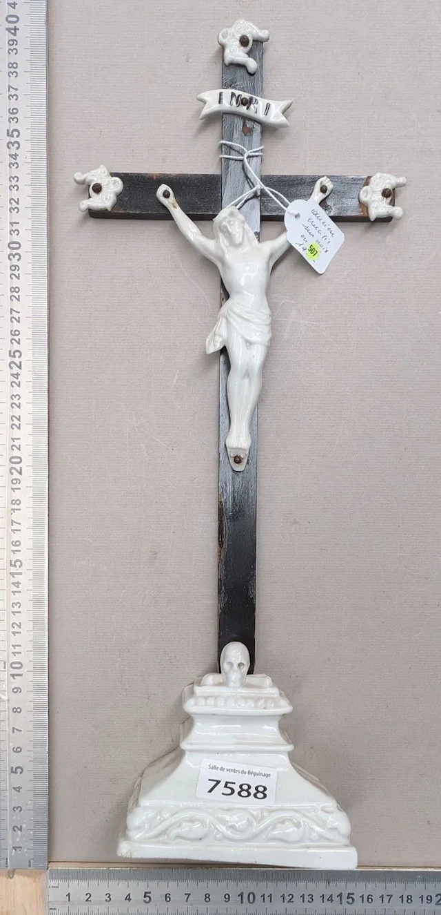 1 antique earthenware crucifix with base—see photos for dimensions