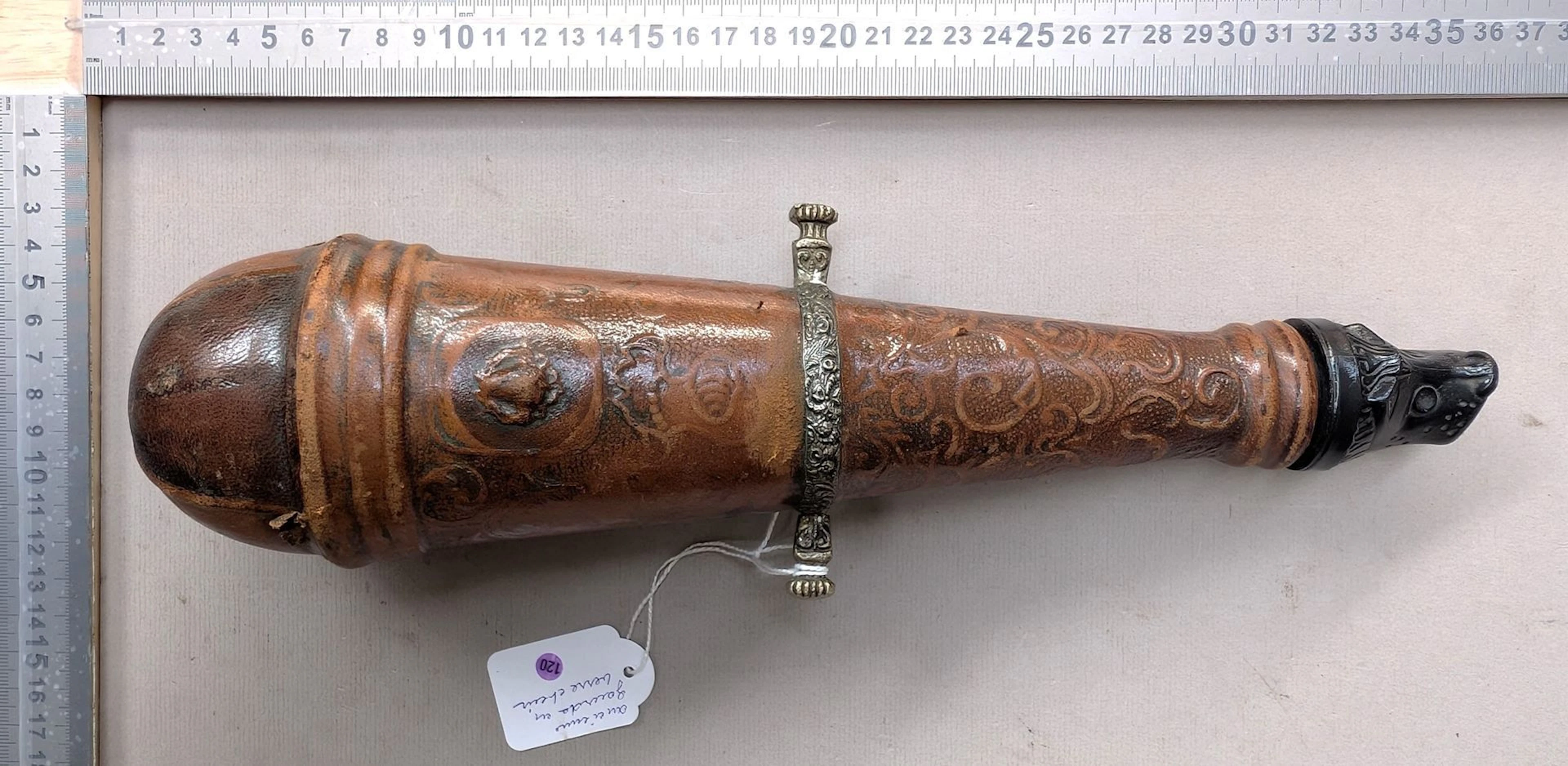 Antique glass and leather water bottle—see photos for dimensions and condition