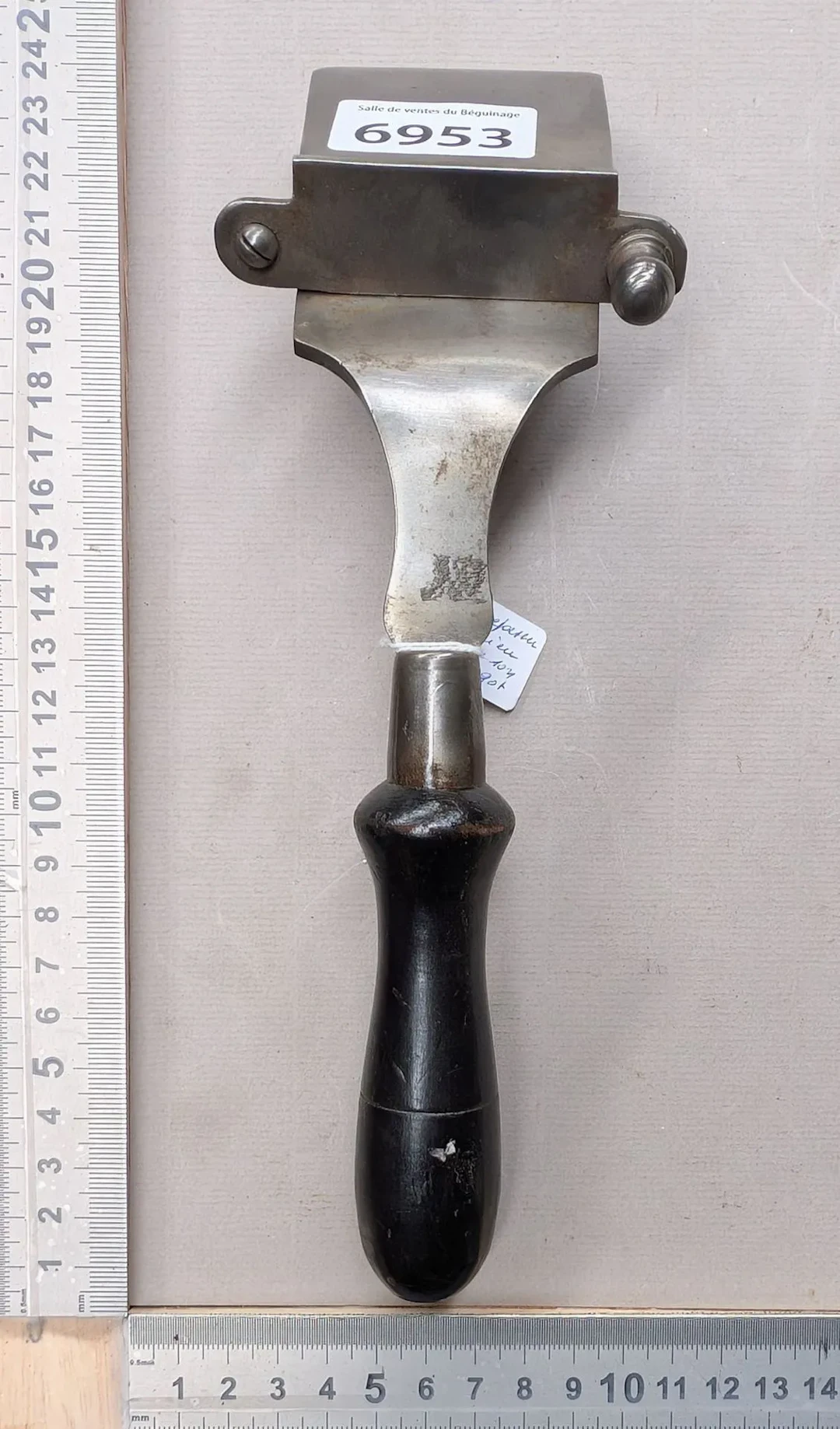 19th-century iron with its block—see photos for dimensions and condition
