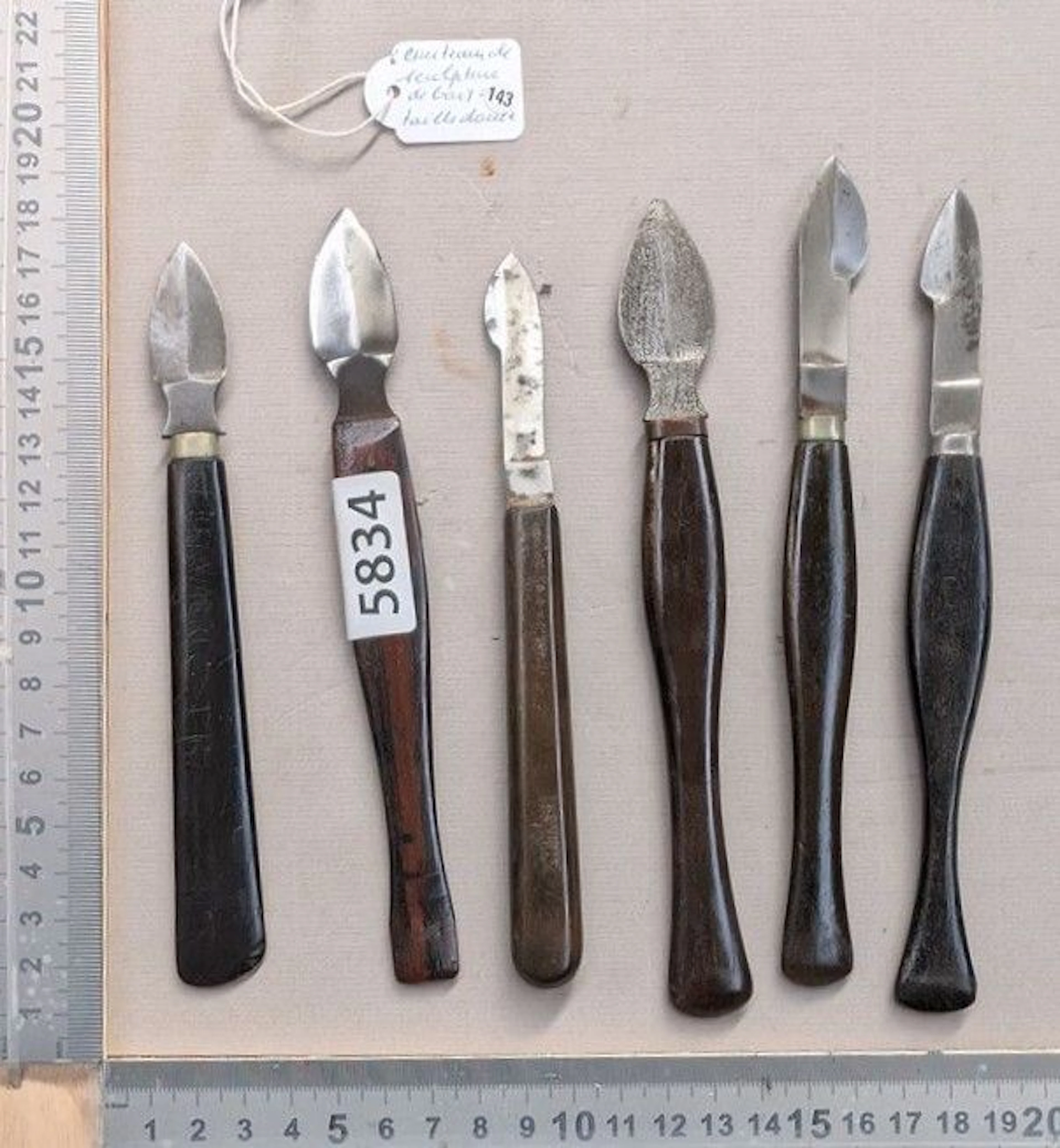 6 Woodcarving knives, ebony handles—see photos for dimensions and condition