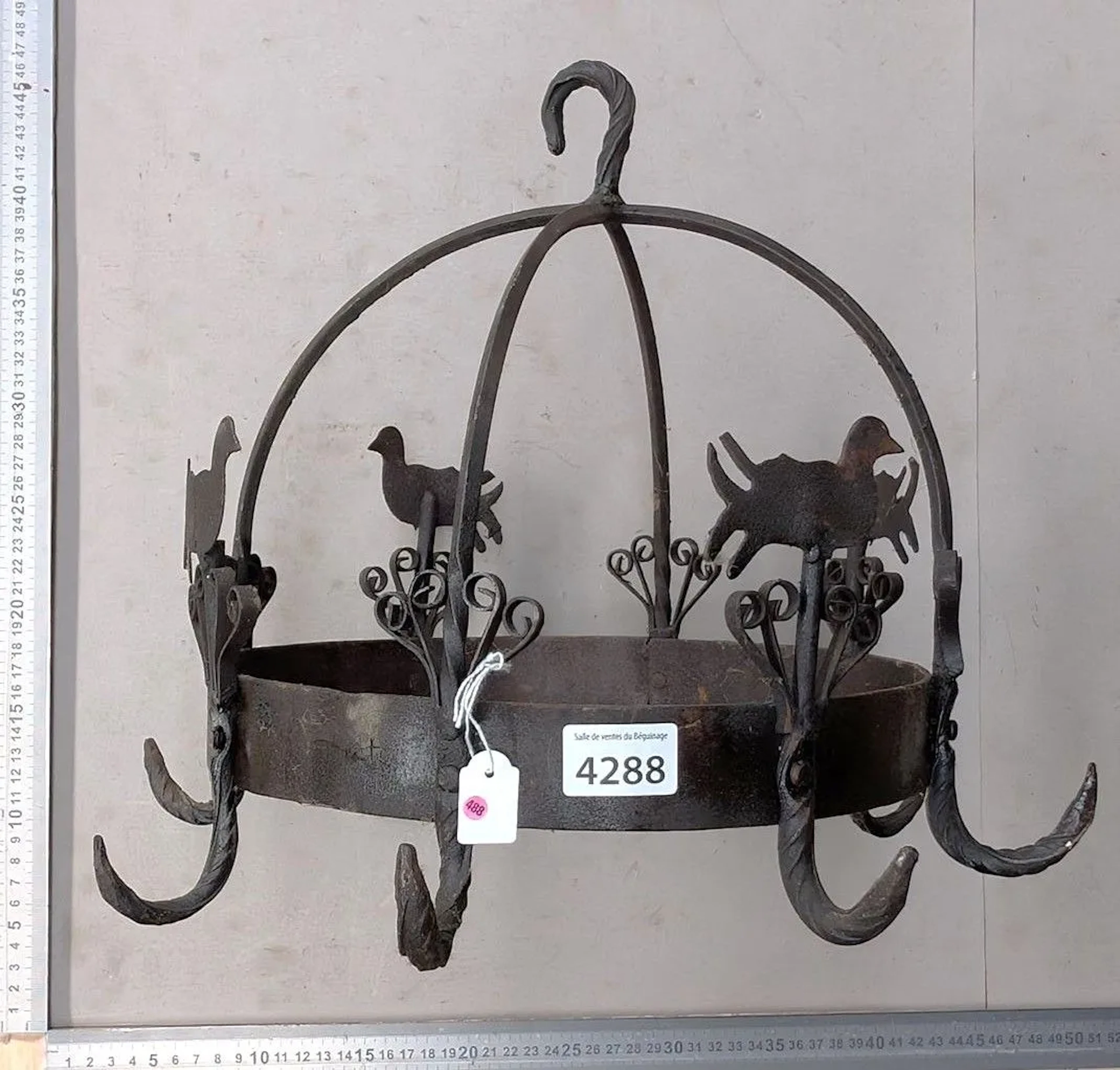 1 antique kitchen rack with 8 wrought-iron hooks—see photos for dimensions