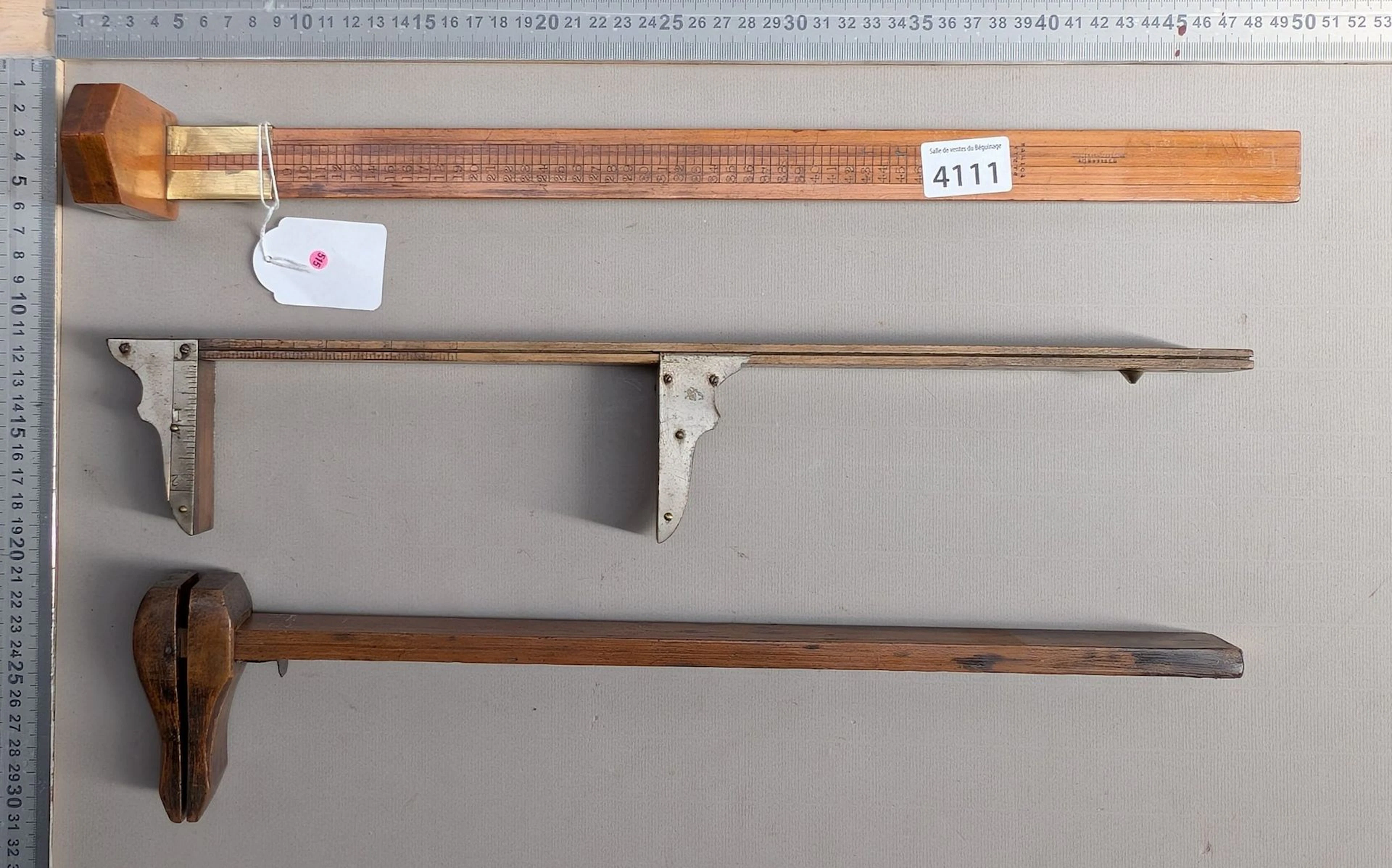 3 wooden shoemaker's compasses with graduations—see photos for dimensions