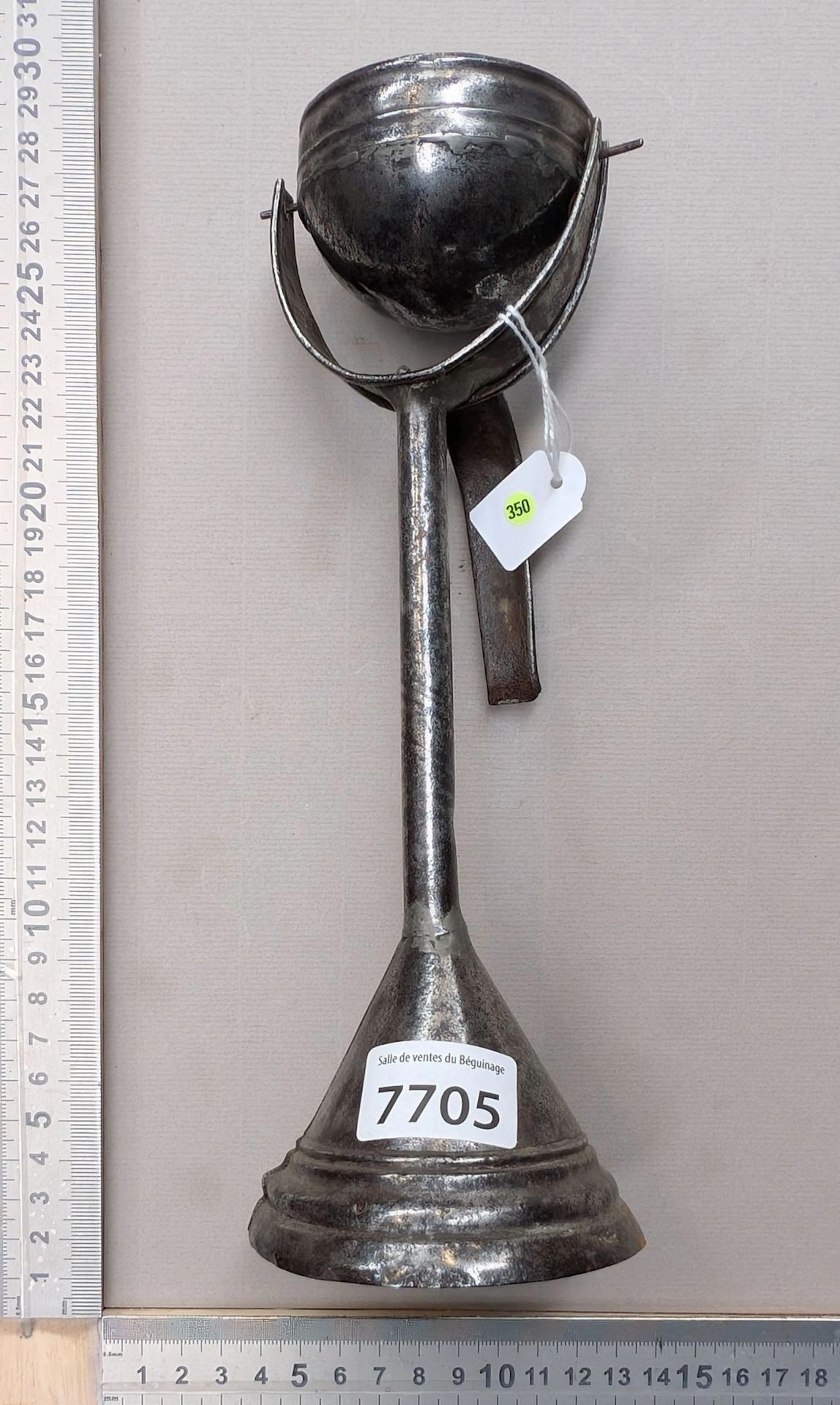 Antique 18th-century forged steel oil lamp—see photos for dimensions