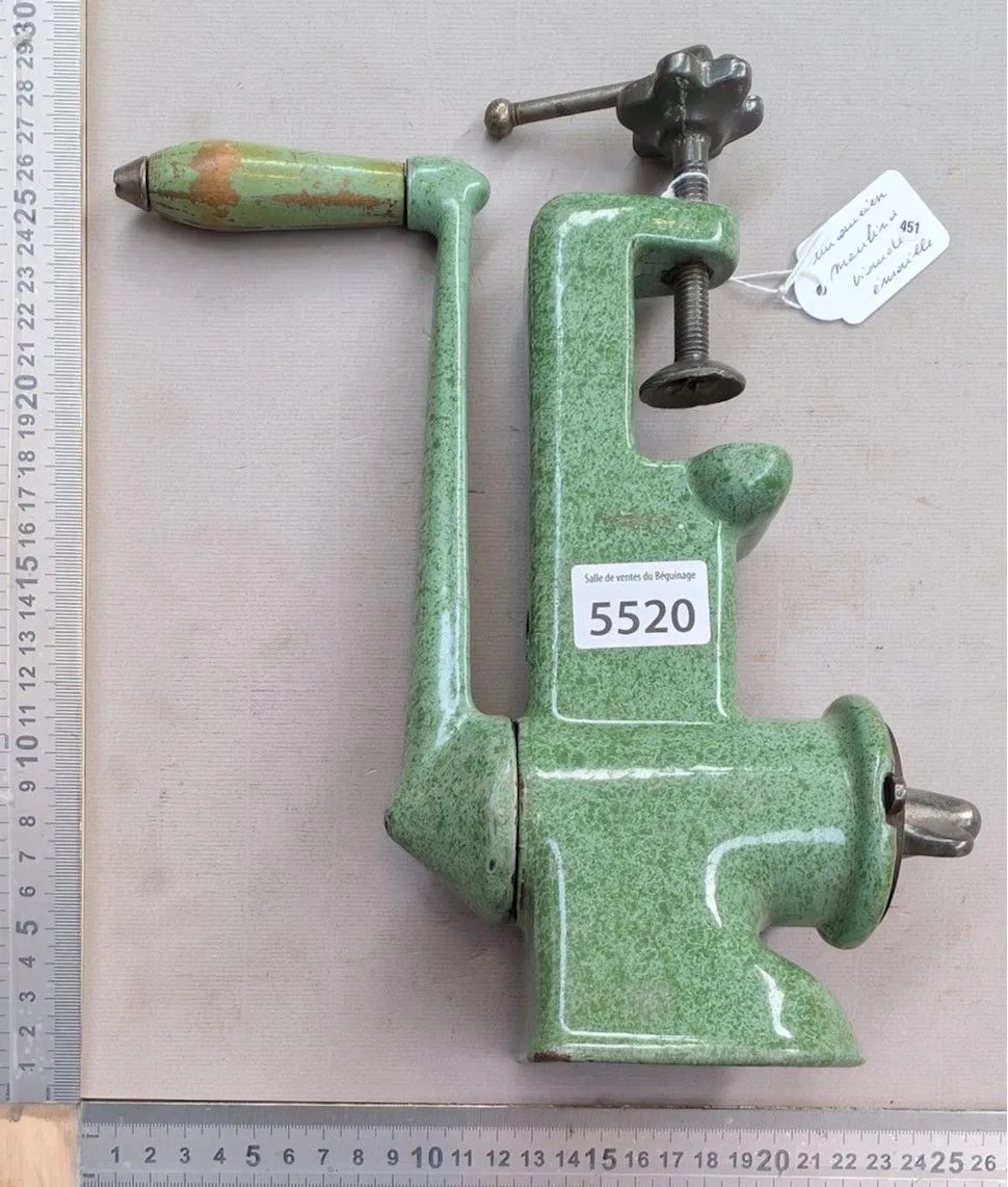 Vintage enameled meat grinder—see photos for dimensions and condition