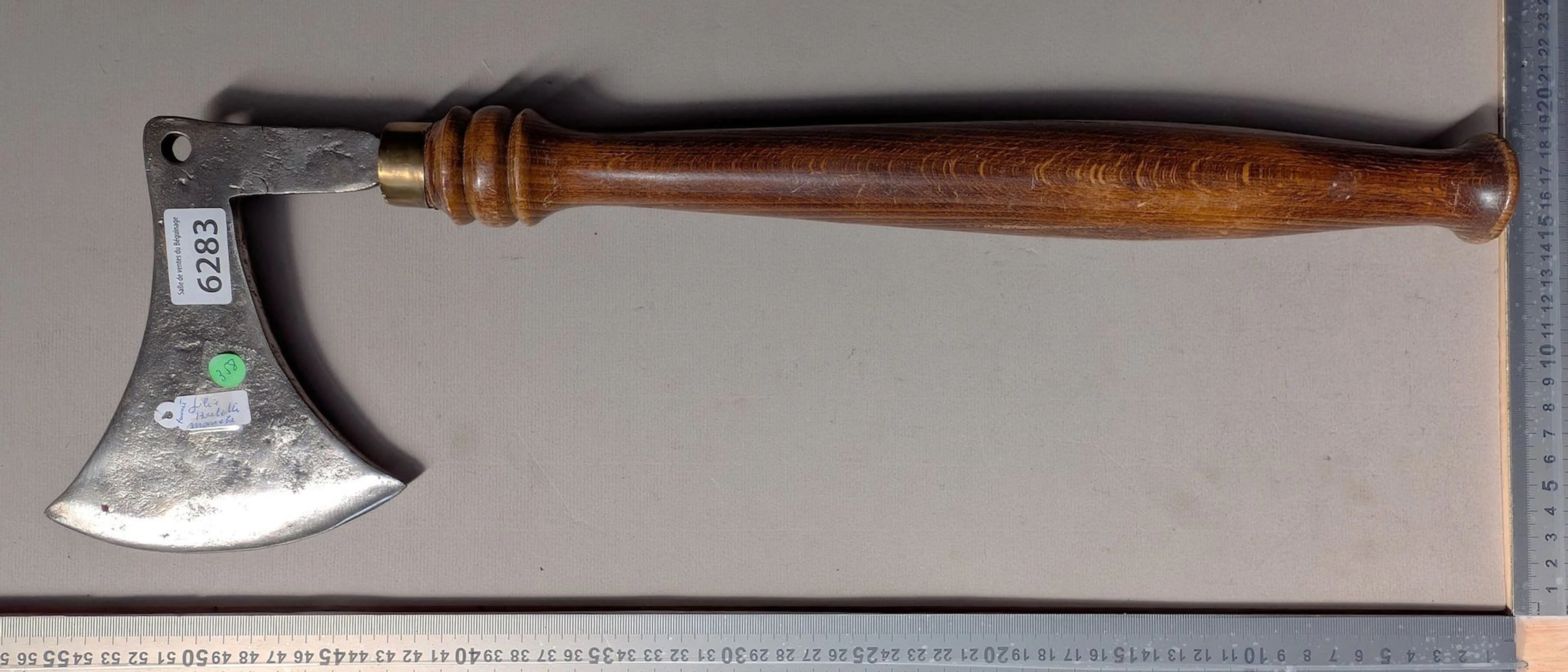 Pretty hatchet with a turned wooden handle—see photos for dimensions