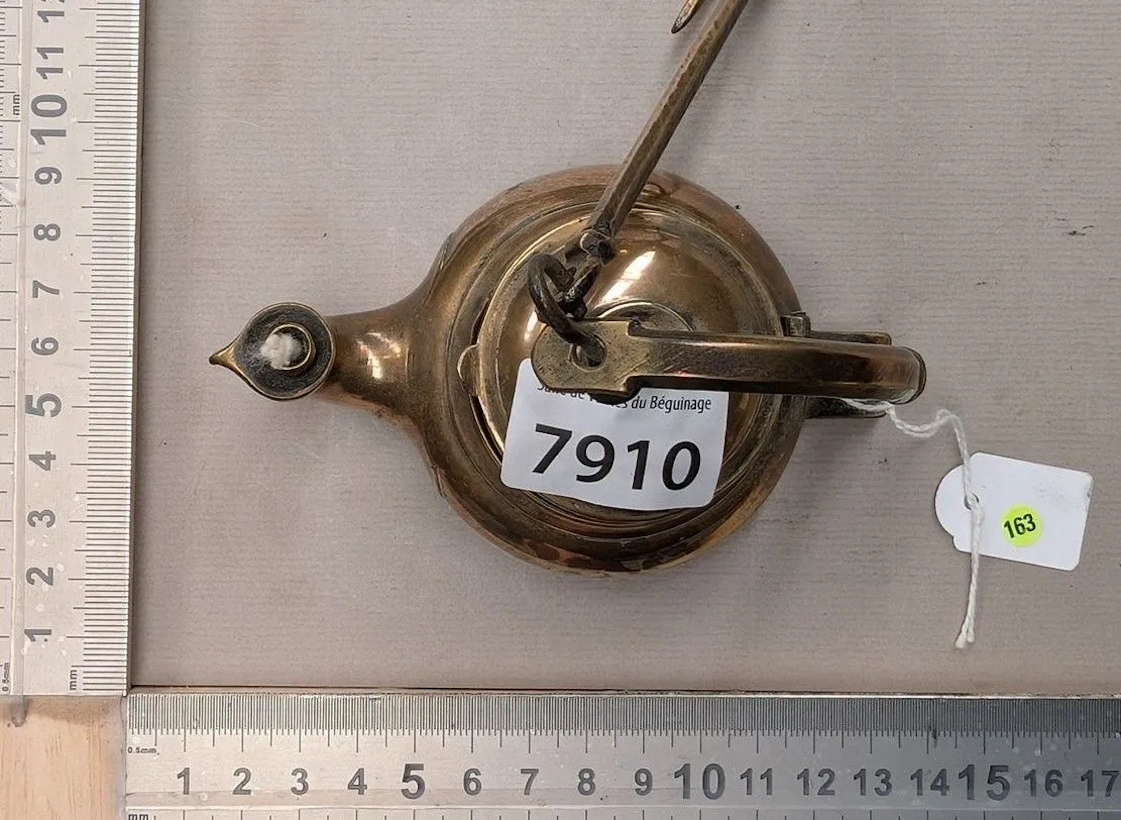 Antique small bronze oil lamp—see photos for dimensions and condition