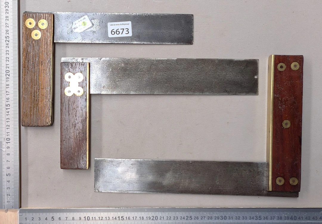 3 vintage wooden brass set squares—see photos for dimensions and condition