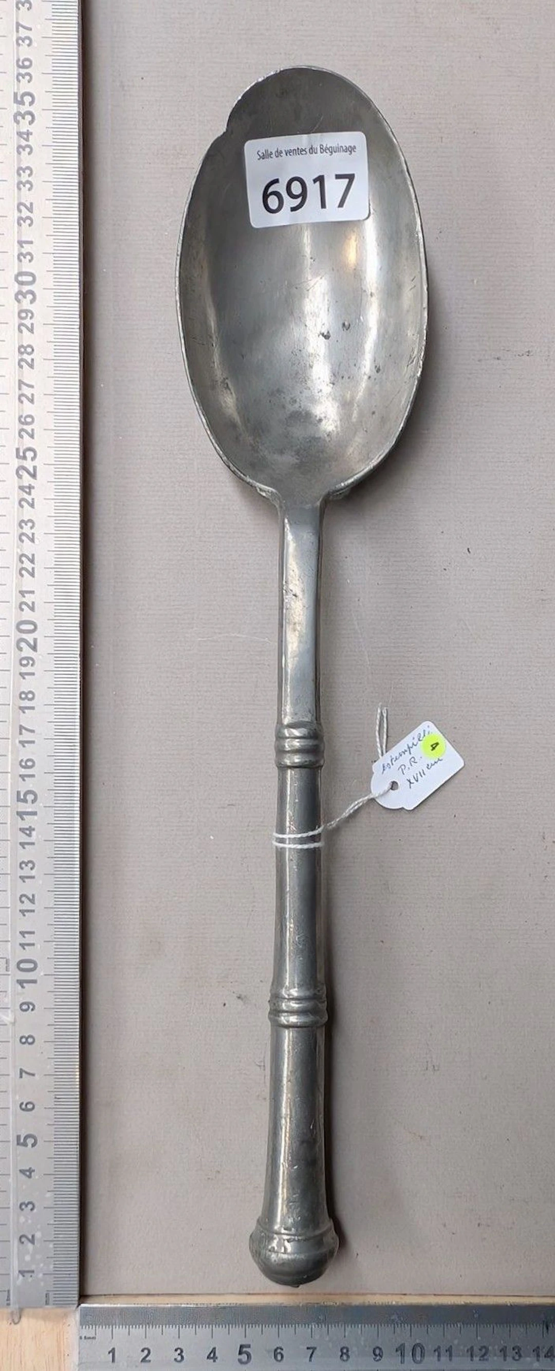 Large pewter spoon stamped "P.R," 17th century—see photos for dimensions