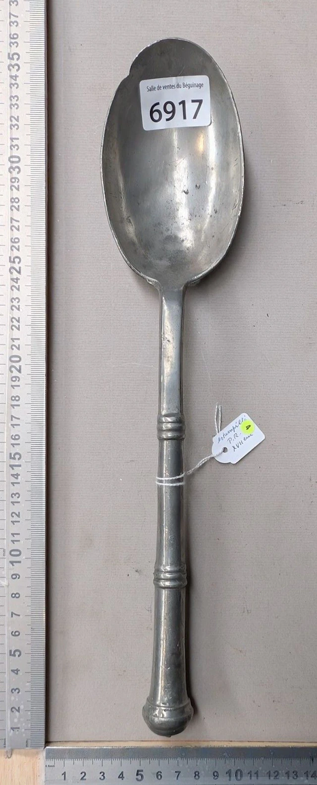 Large pewter spoon stamped "P.R," 17th century—see photos for dimensions
