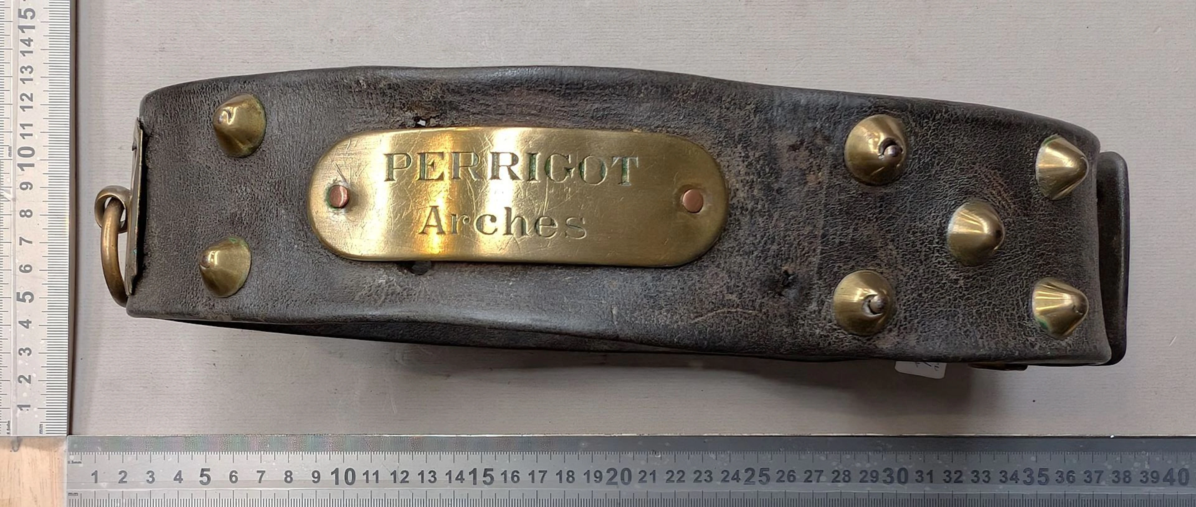 1 vintage ARCHES PERRIGOT copper-colored leather dog collar with a