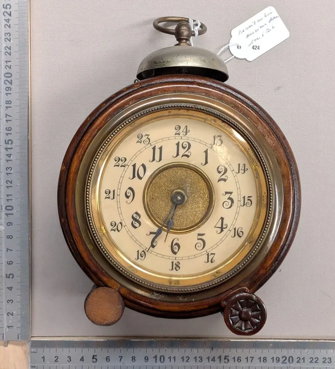 Vintage wooden alarm clock in its original condition—see photos for