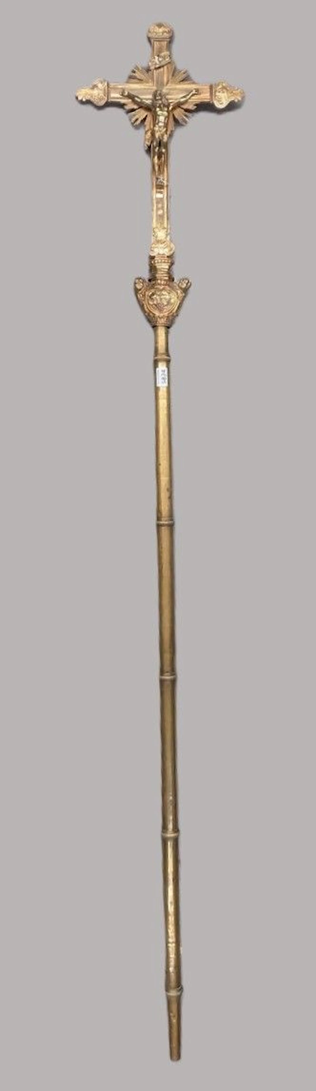 A beautiful 2-meter gilded bronze processional cross—see photos for
