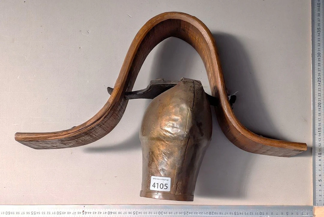 Antique goat bell and its wooden collar—see photos for dimensions and condition