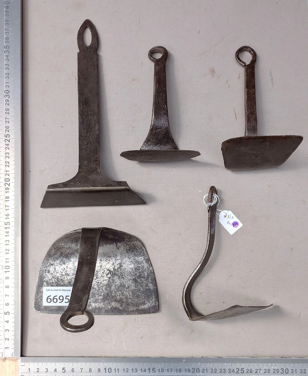 5 vintage bakery scrapers—see photos for dimensions and condition