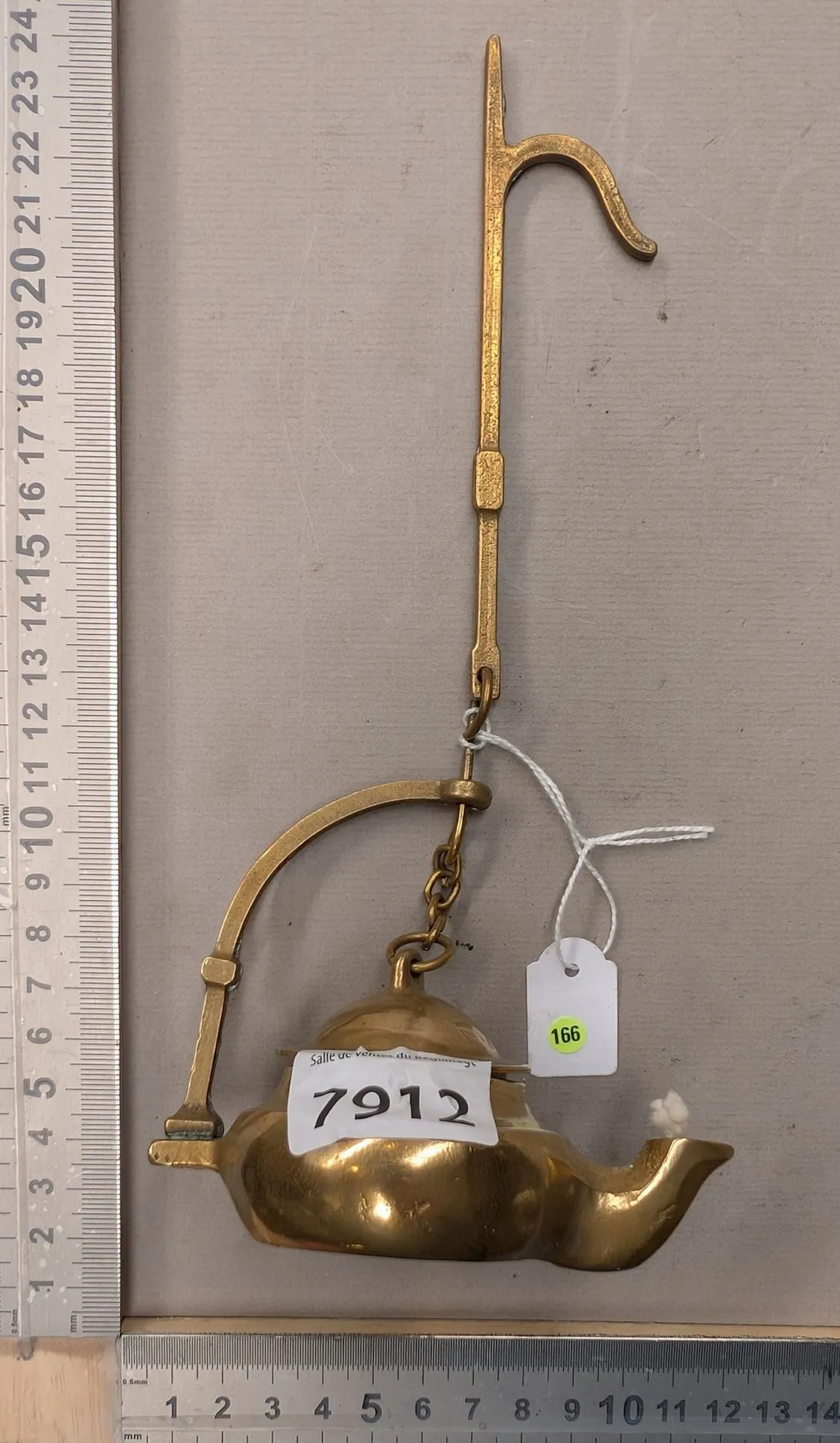 Antique small bronze oil lamp—see photos for dimensions and condition