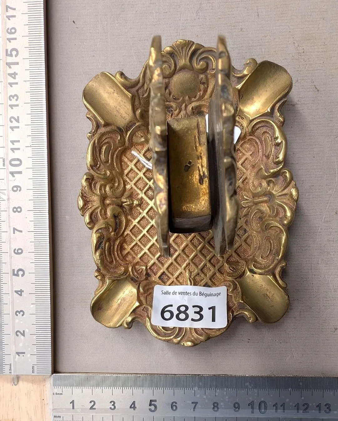 Vintage brass ashtray and match holder—see photos for dimensions and condition
