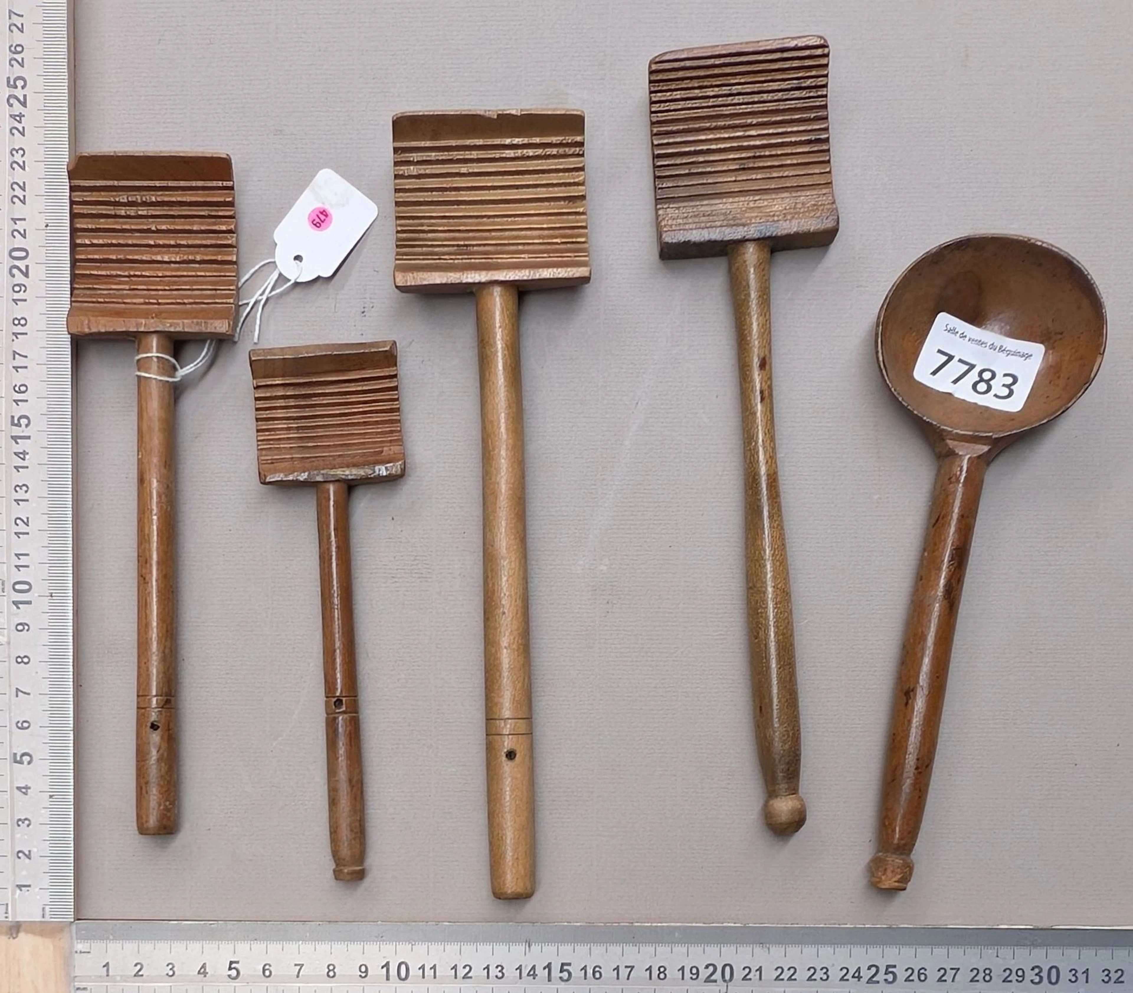 5 wooden butter spoons—see photos for dimensions and condition