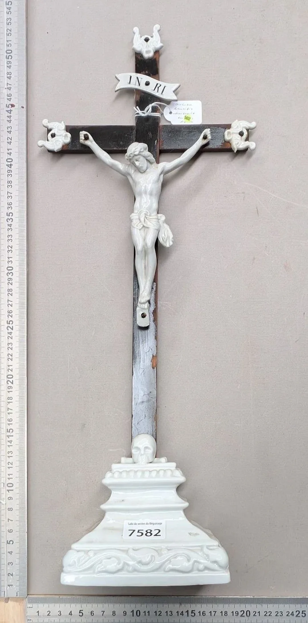 1 antique earthenware crucifix with base—see photos for dimensions