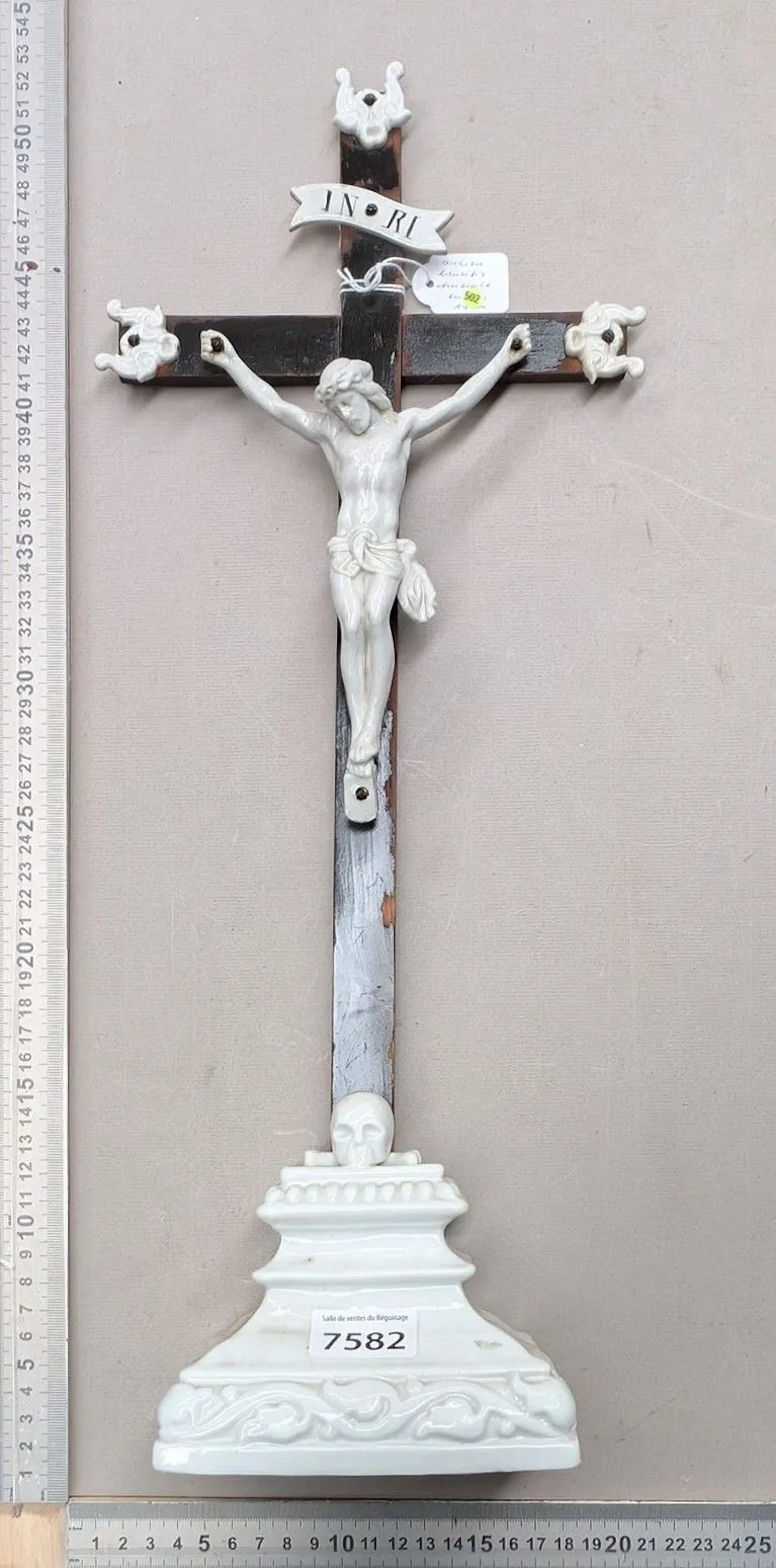 1 antique earthenware crucifix with base—see photos for dimensions