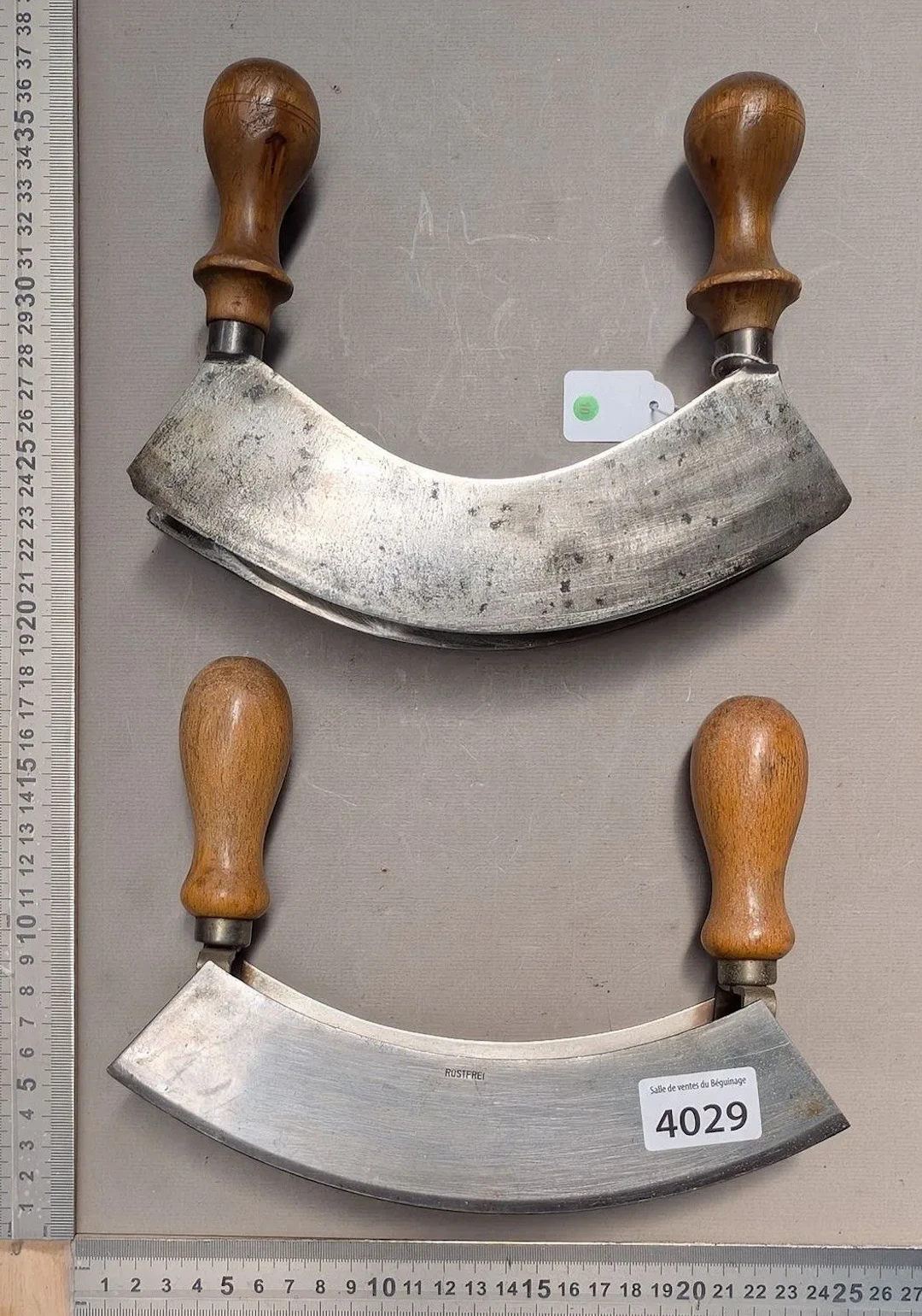 2 antique wrought-iron kitchen meat grinders—see photos for dimensions