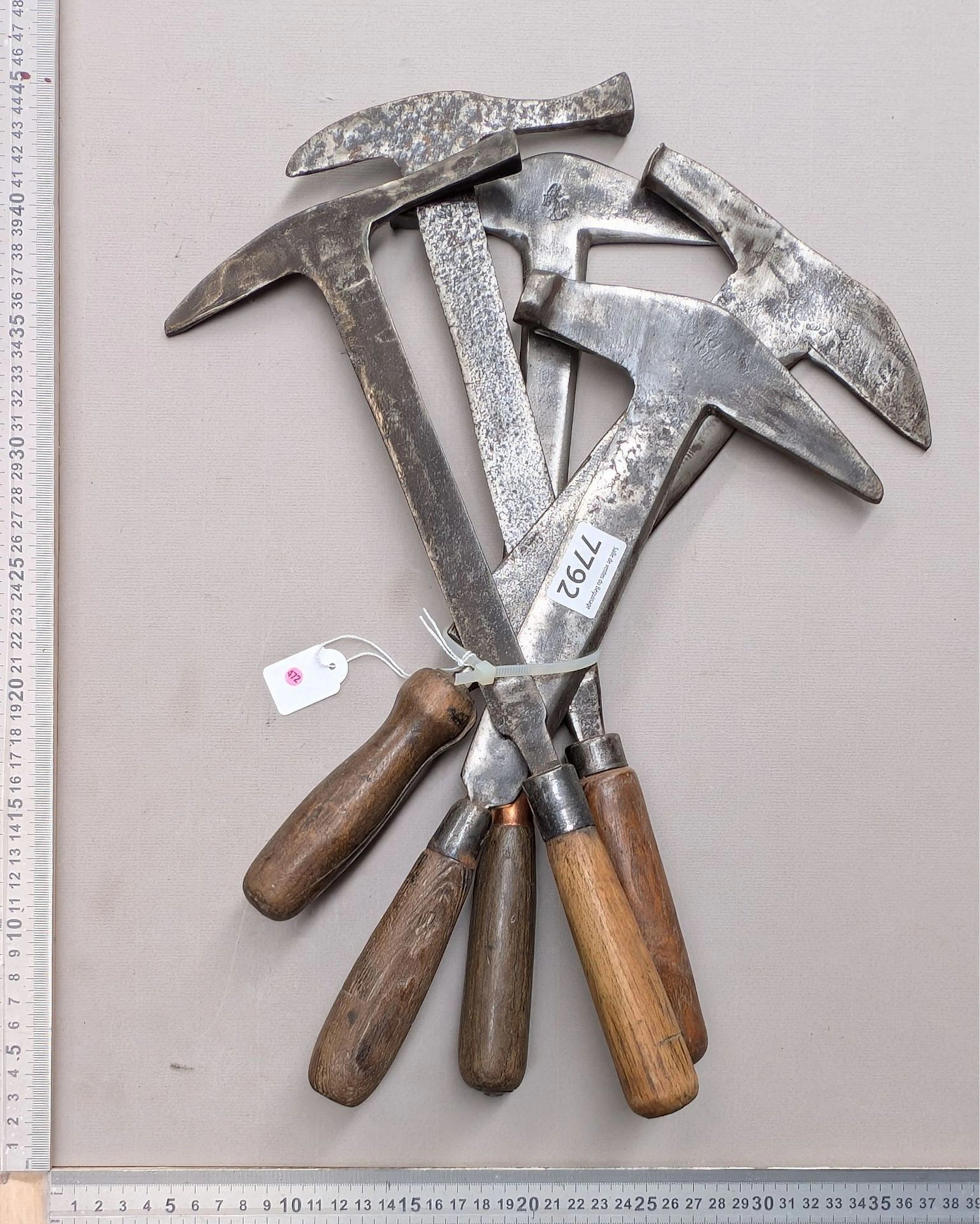 5 antique slate-cutting hammers—see photos for dimensions and condition