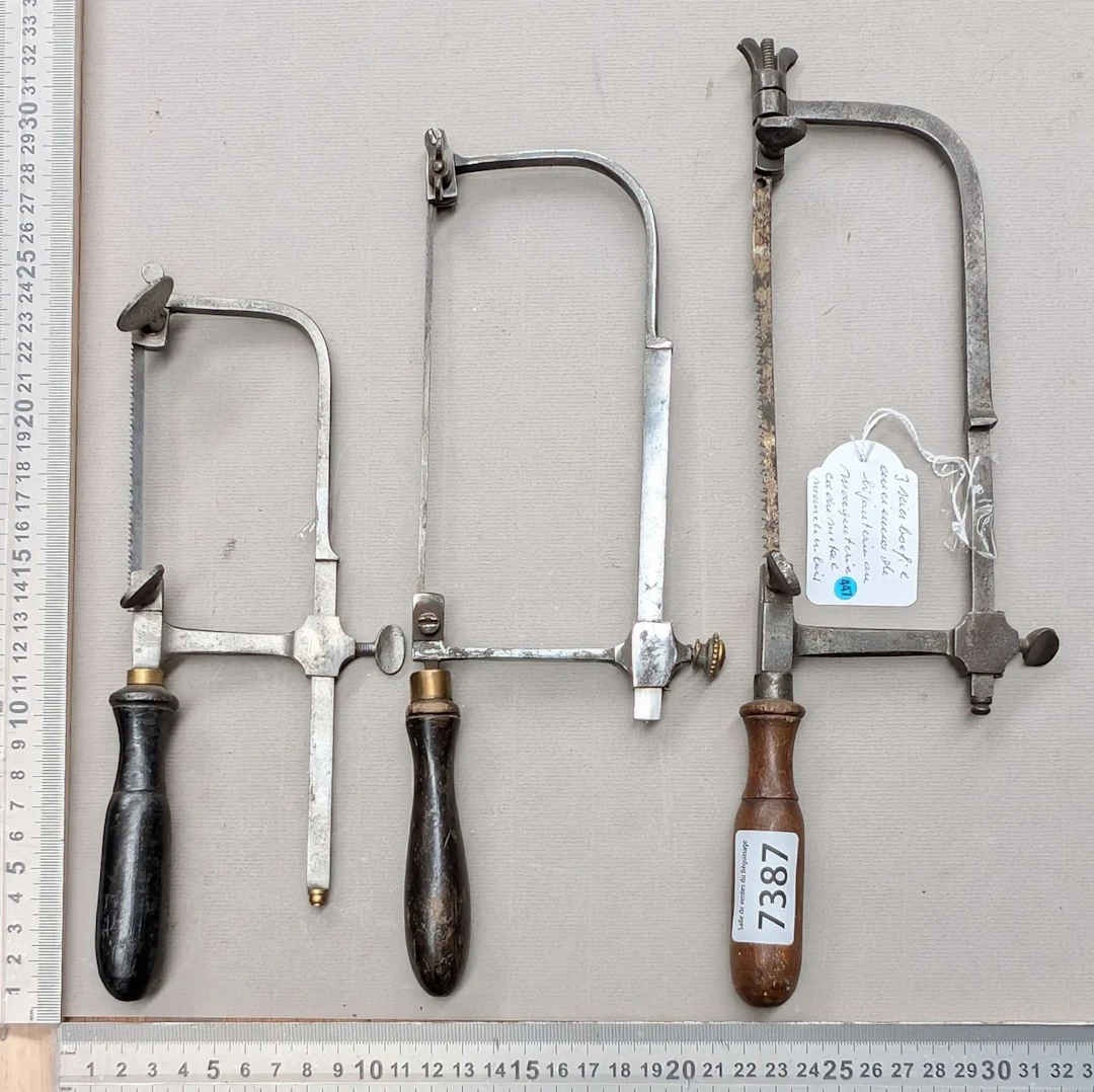 3 antique jeweler's or marquetry saws with metal frames—see photos