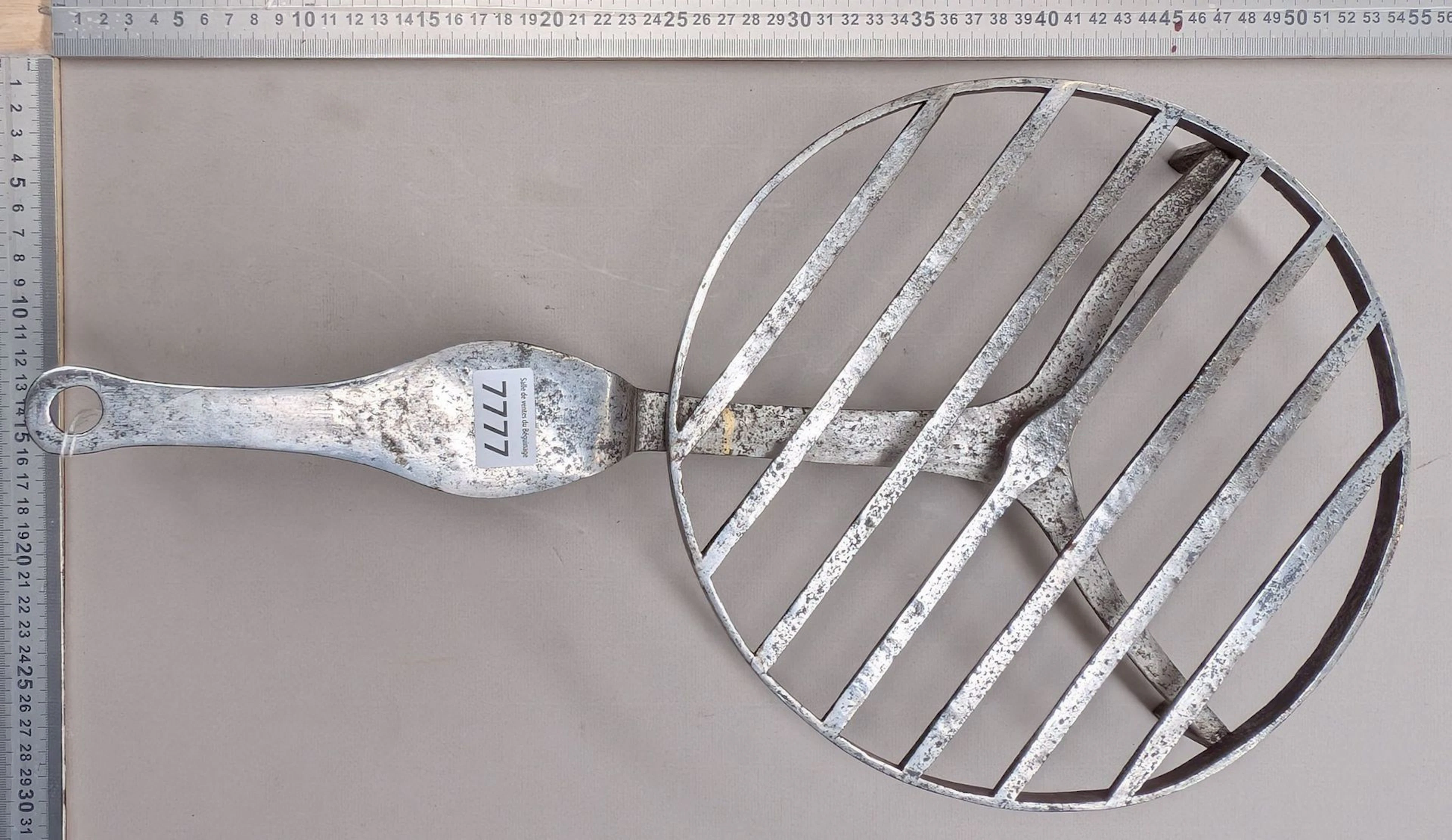Wrought-iron meat grill with rotating tray—see photos for dimensions