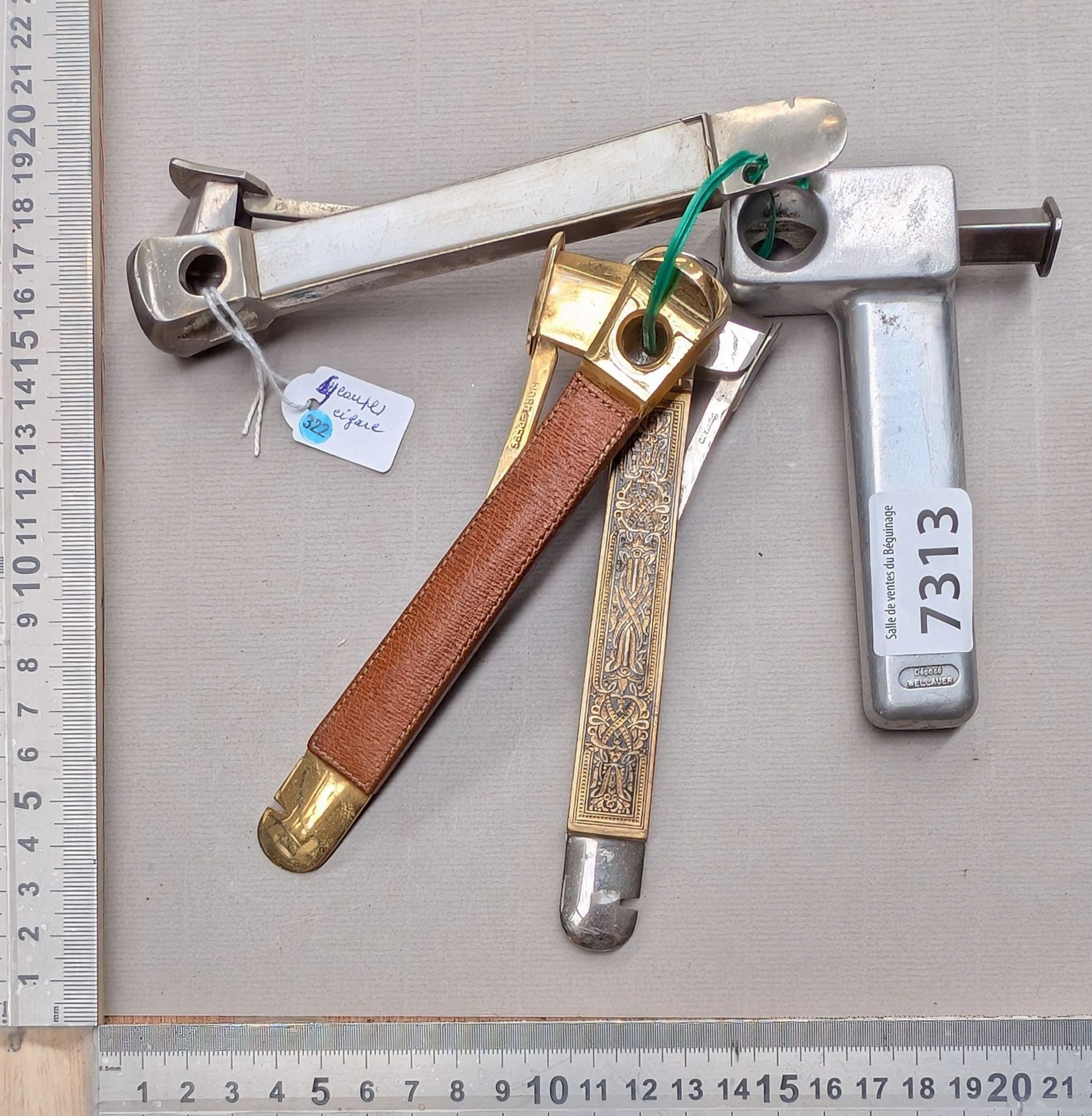 5 antique cigar cutters—see photos for dimensions and condition