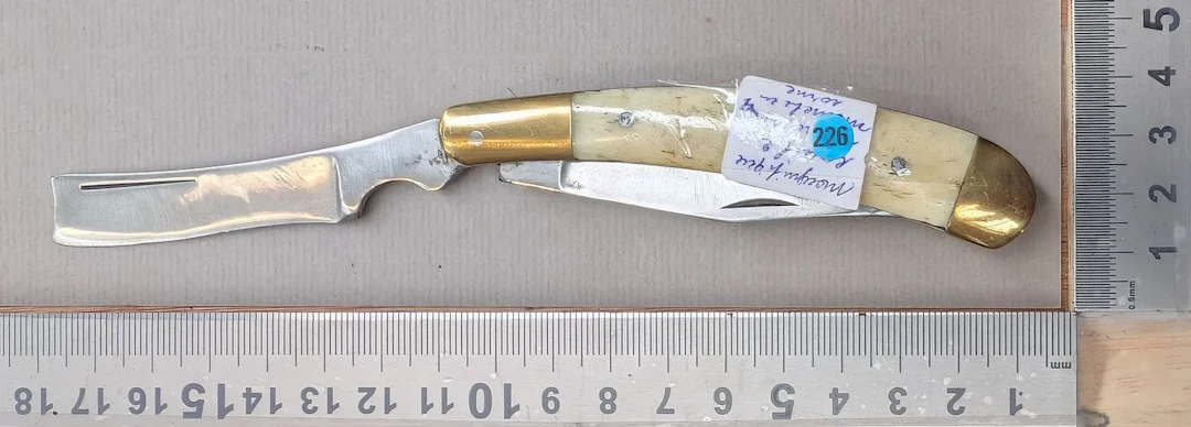 Antique knife with 2 blades—see photos for dimensions and condition
