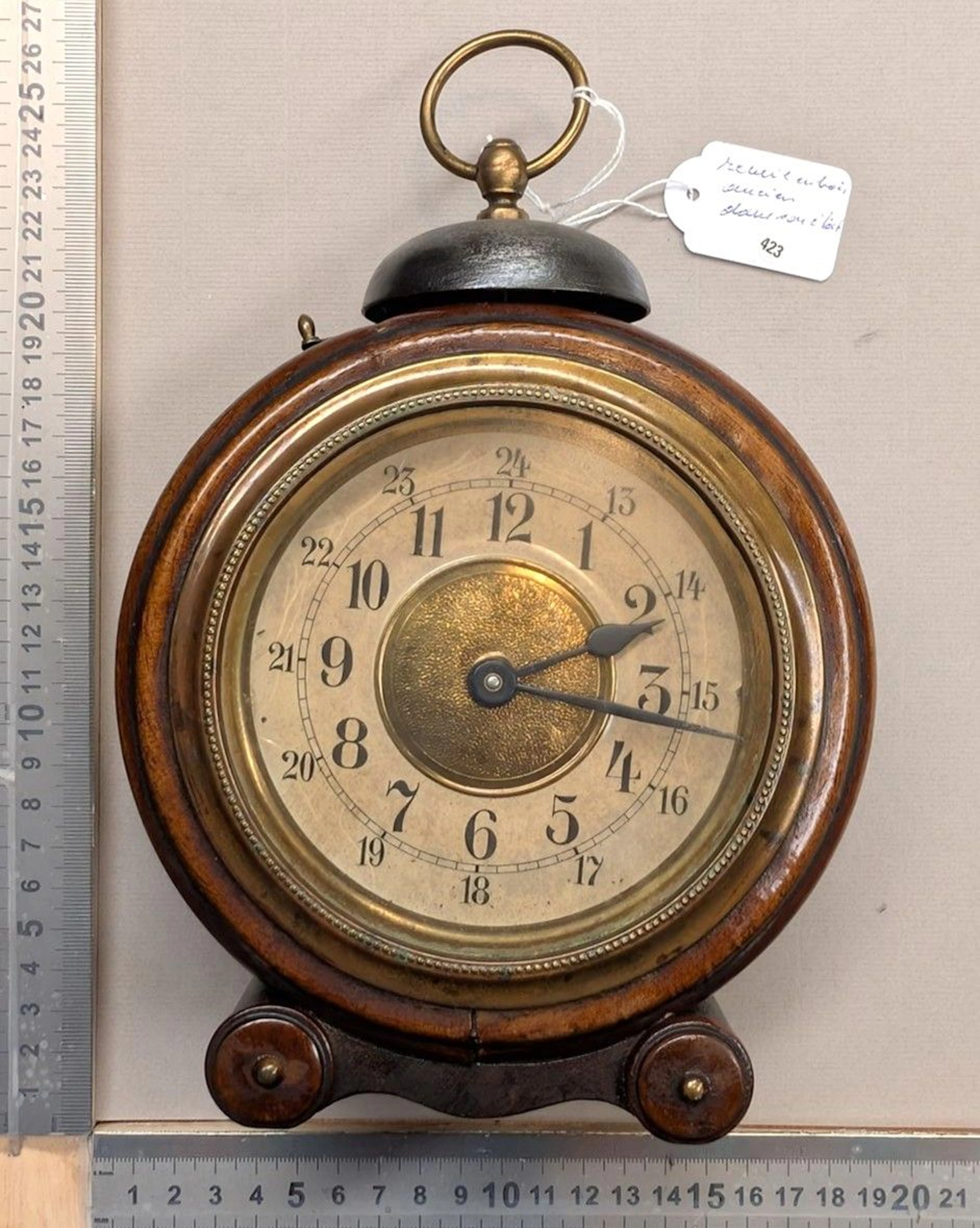 Vintage wooden alarm clock in its original condition—see photos for