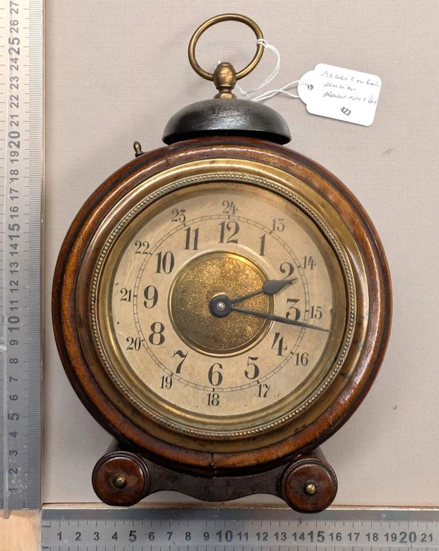 Vintage wooden alarm clock in its original condition—see photos for