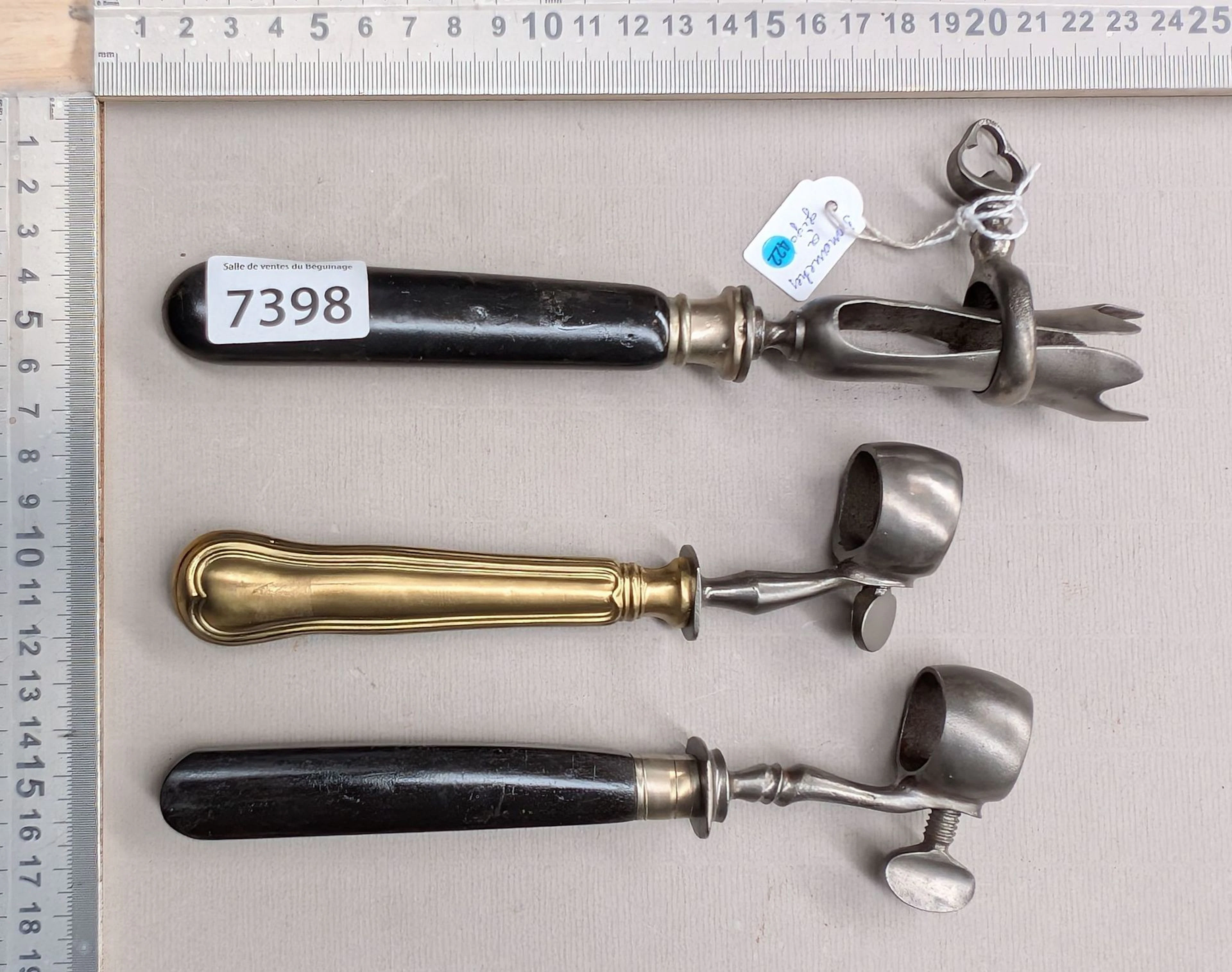 3 antique leg-style handles, 2 ebony handles, 1 brass handle—see photos