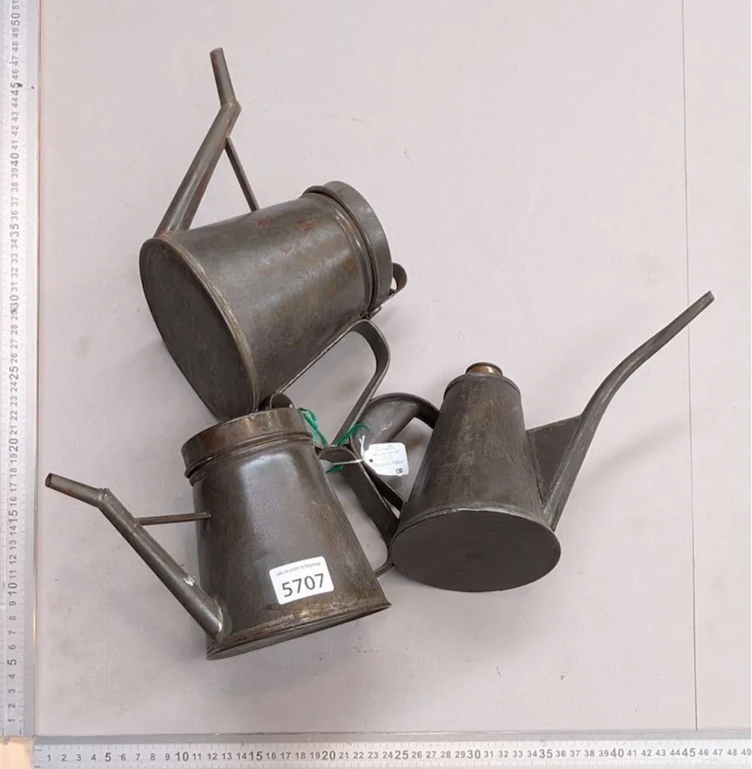 3 antique metal measuring cups—see photos for dimensions and condition