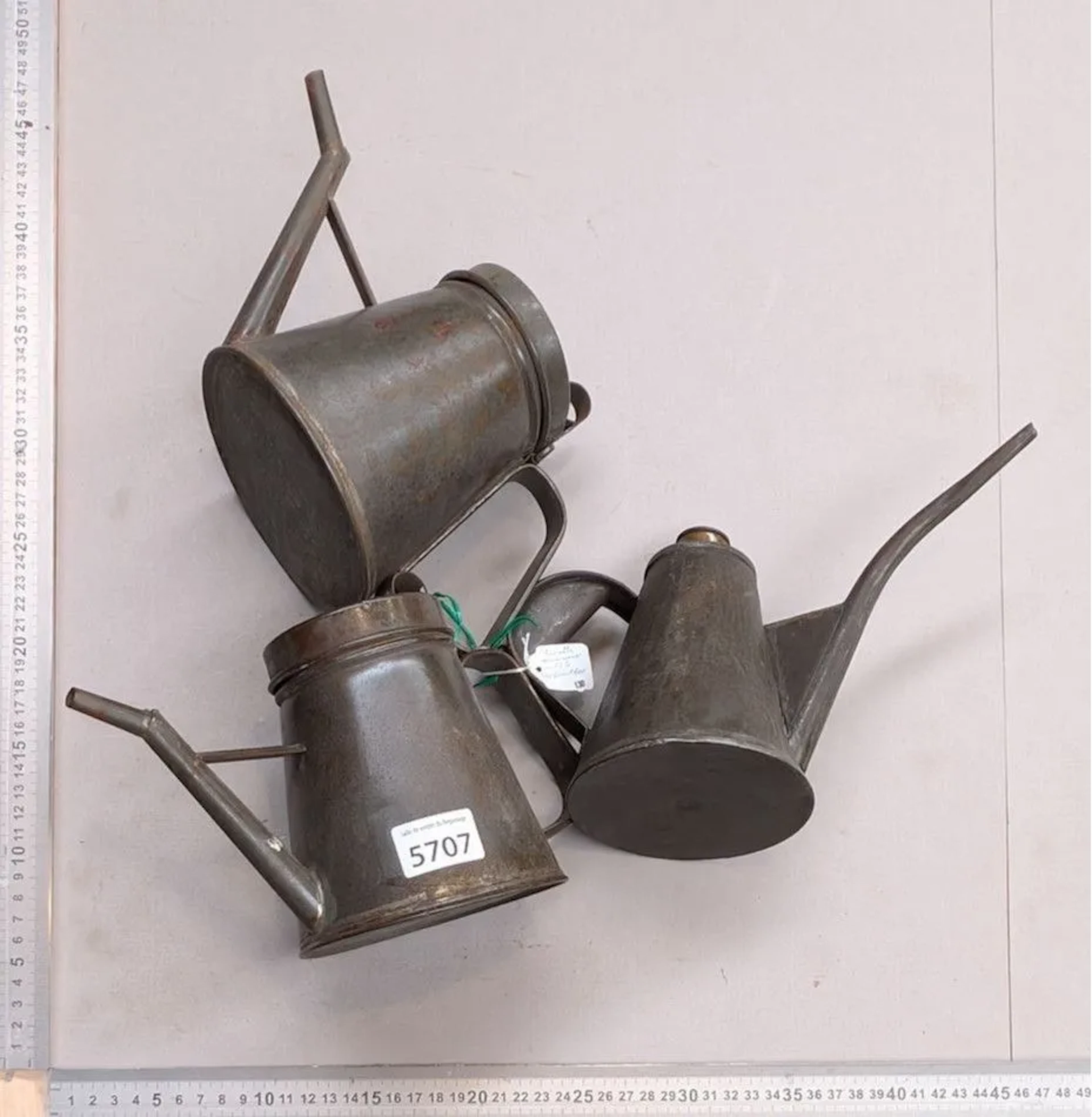 3 antique metal measuring cups—see photos for dimensions and condition