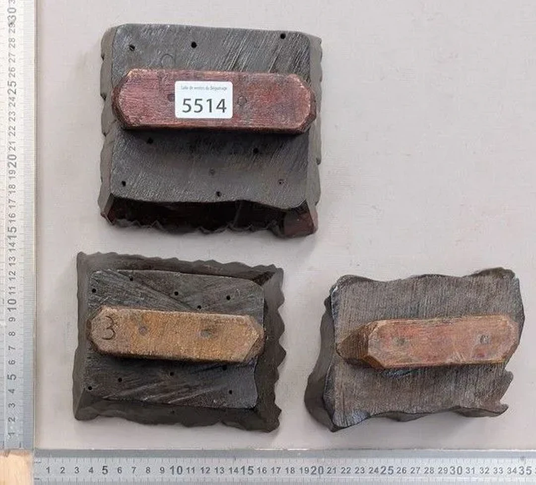 3 block printing stamps, carved wood with fabric - See photos for
