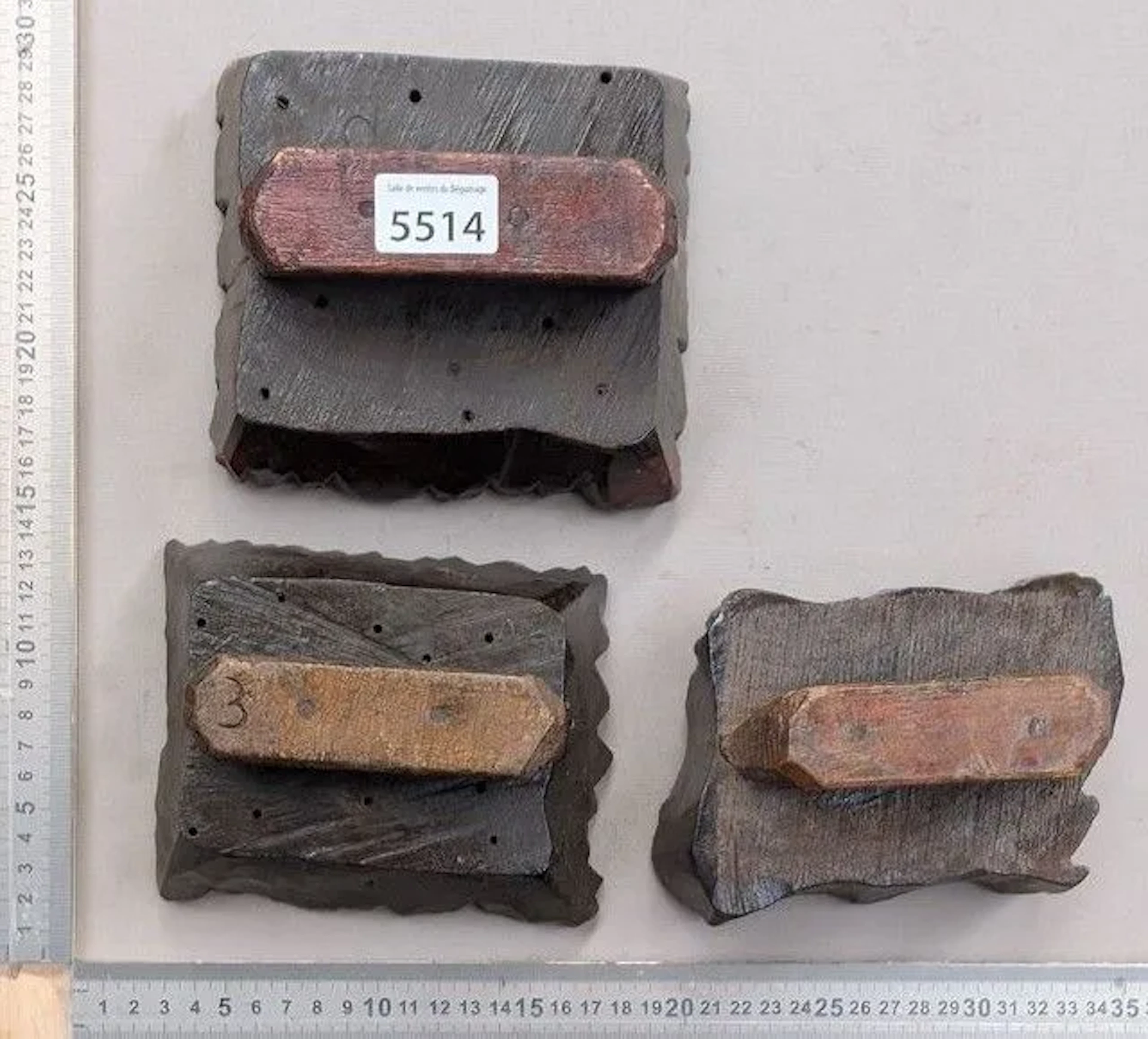3 block printing stamps, carved wood with fabric - See photos for