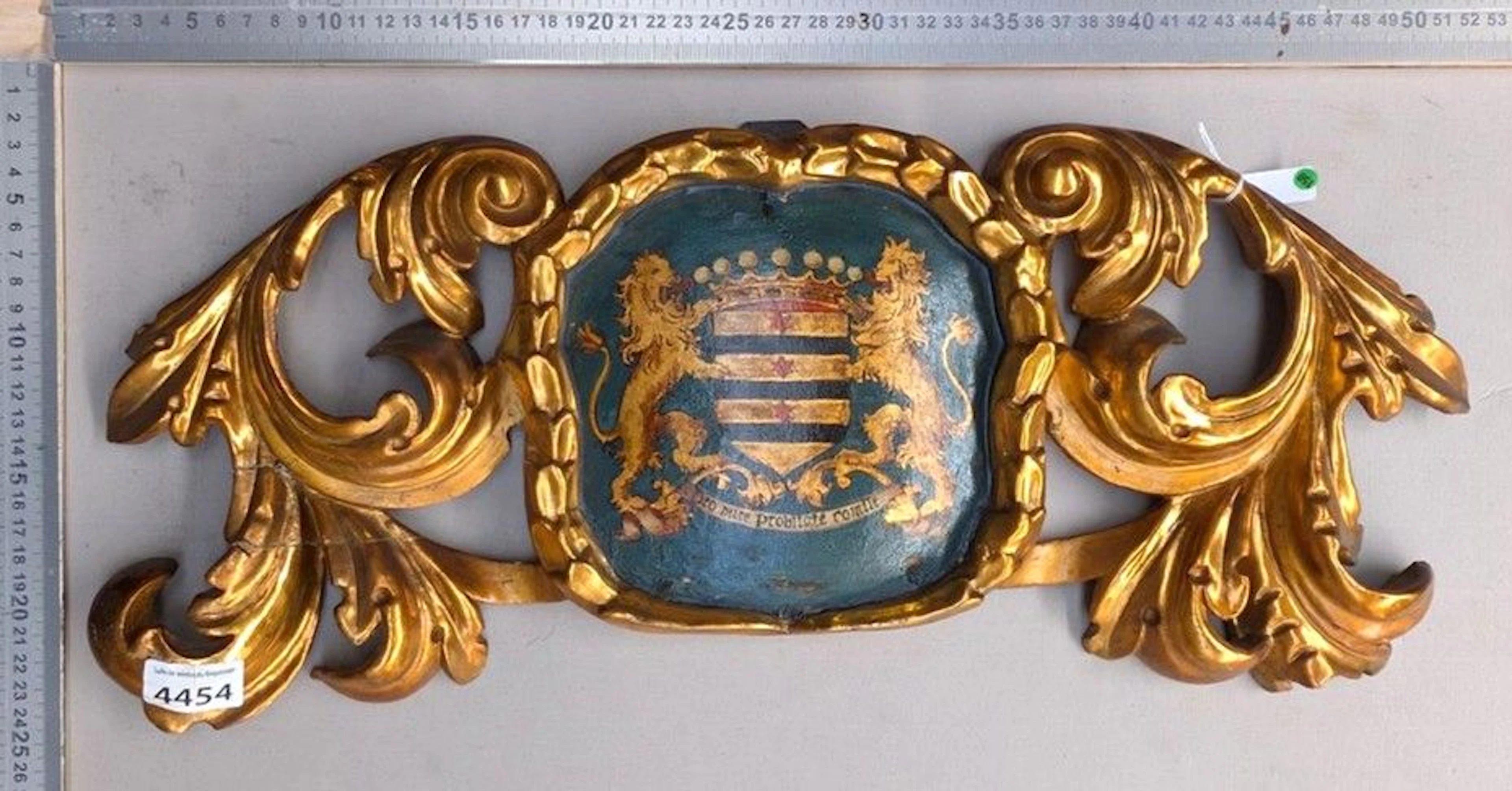Coat of arms painted on carved wood—see photos for dimensions and condition