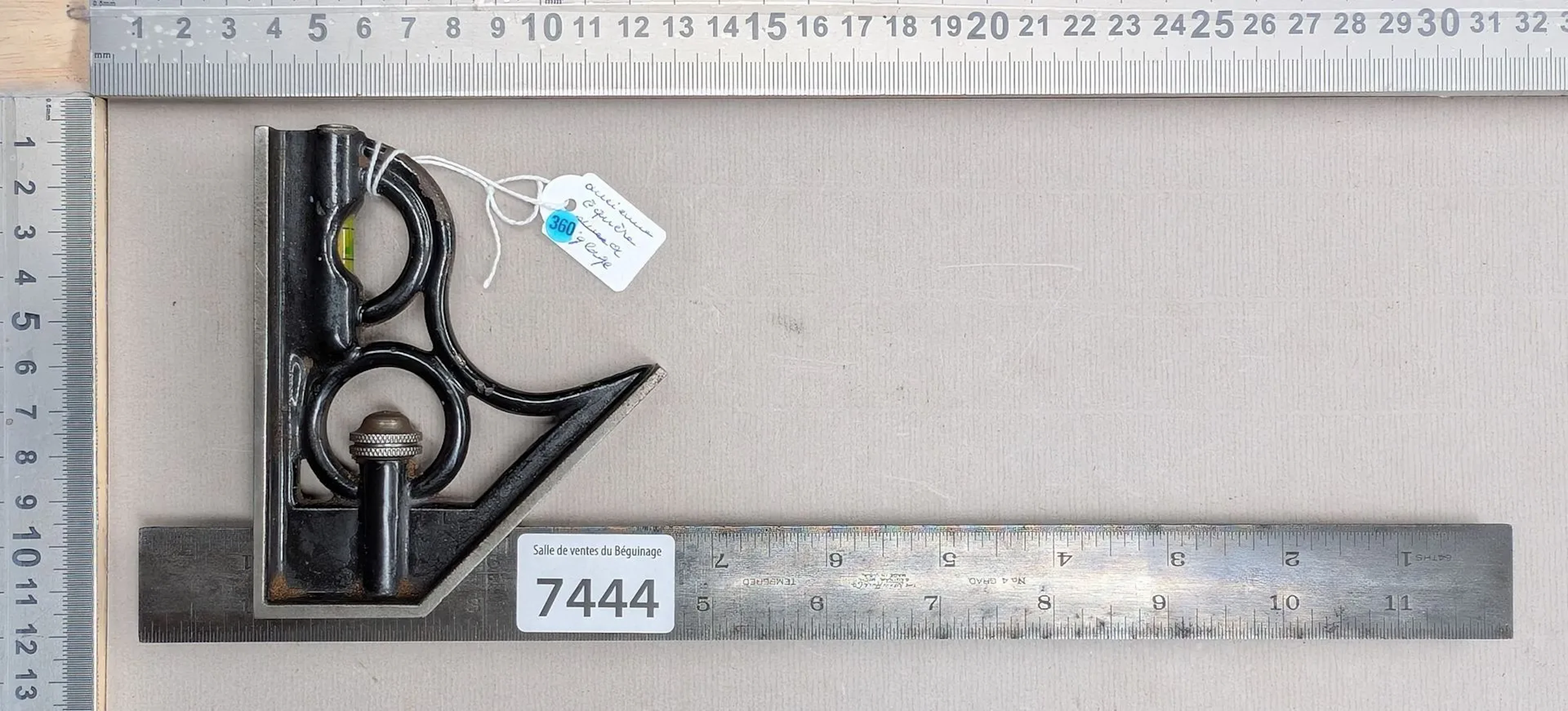 1 old adjustable square + level—see photos for dimensions and condition