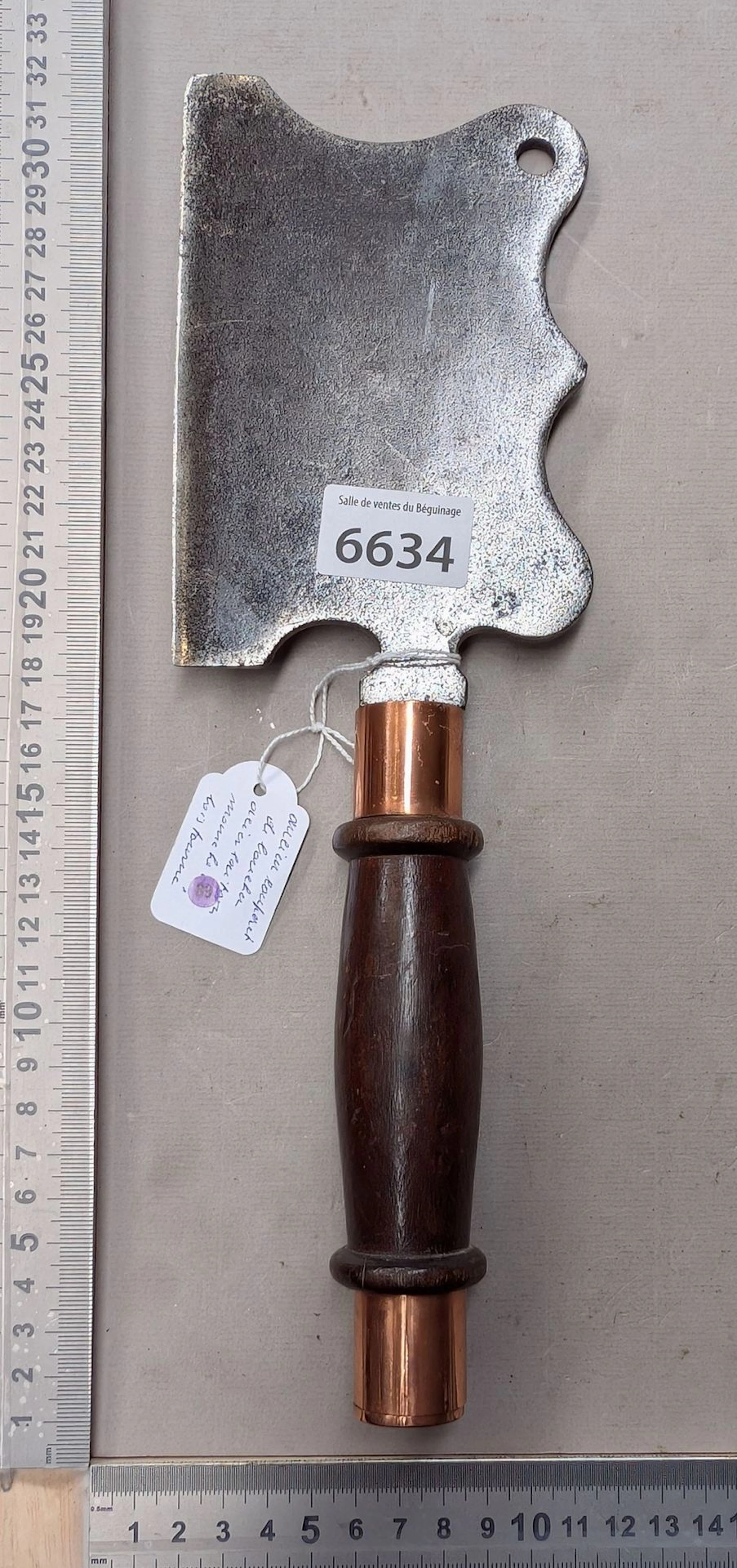 Antique brass-steel cleaver with wooden handle—see photos for dimensions
