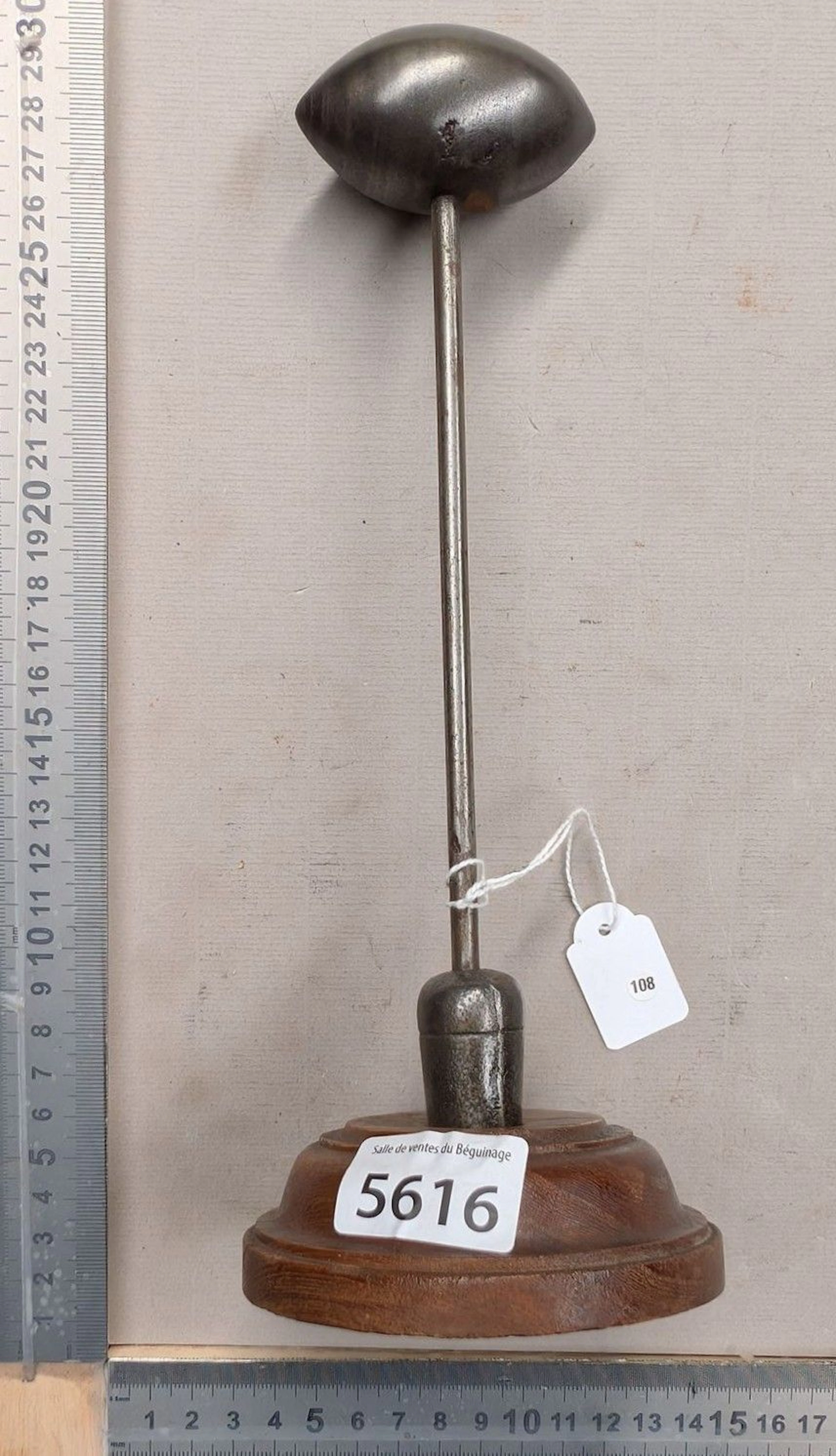 Antique small milliner's iron on a wooden stand, 1850—See photos for