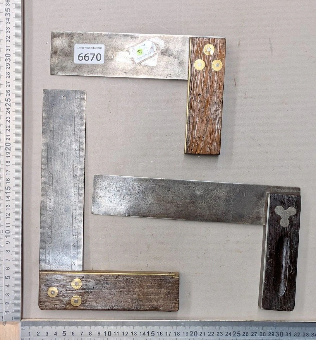 3 vintage wooden brass set squares—see photos for dimensions and condition