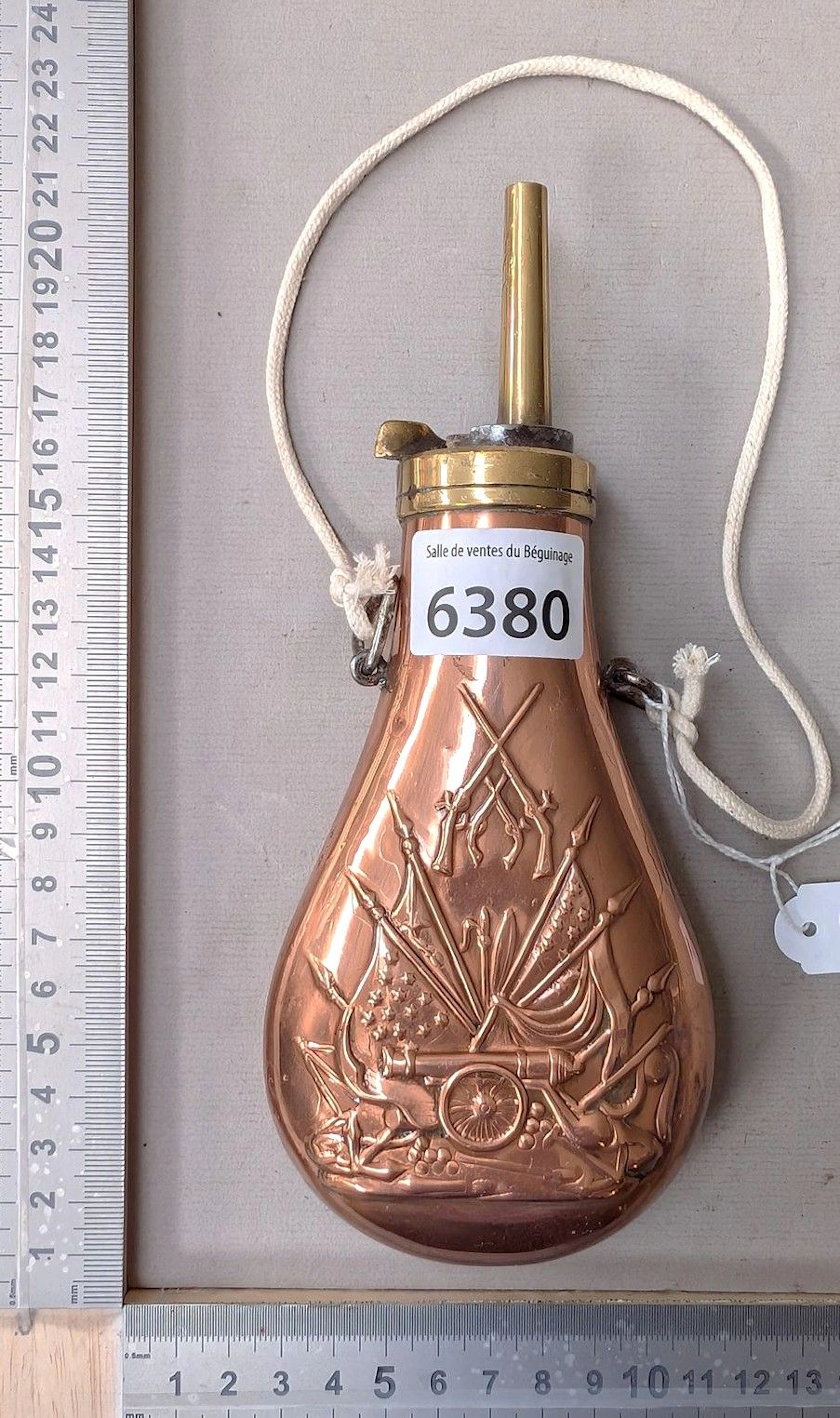 Antique powder flask—see photos for dimensions and condition