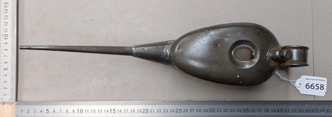 1 tin pitcher with a spout—see photos for dimensions and condition
