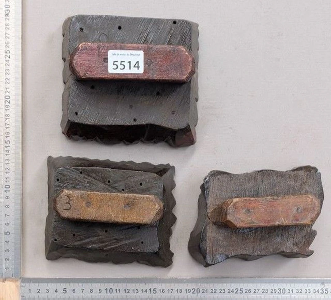 3 block printing stamps, carved wood with fabric - See photos for