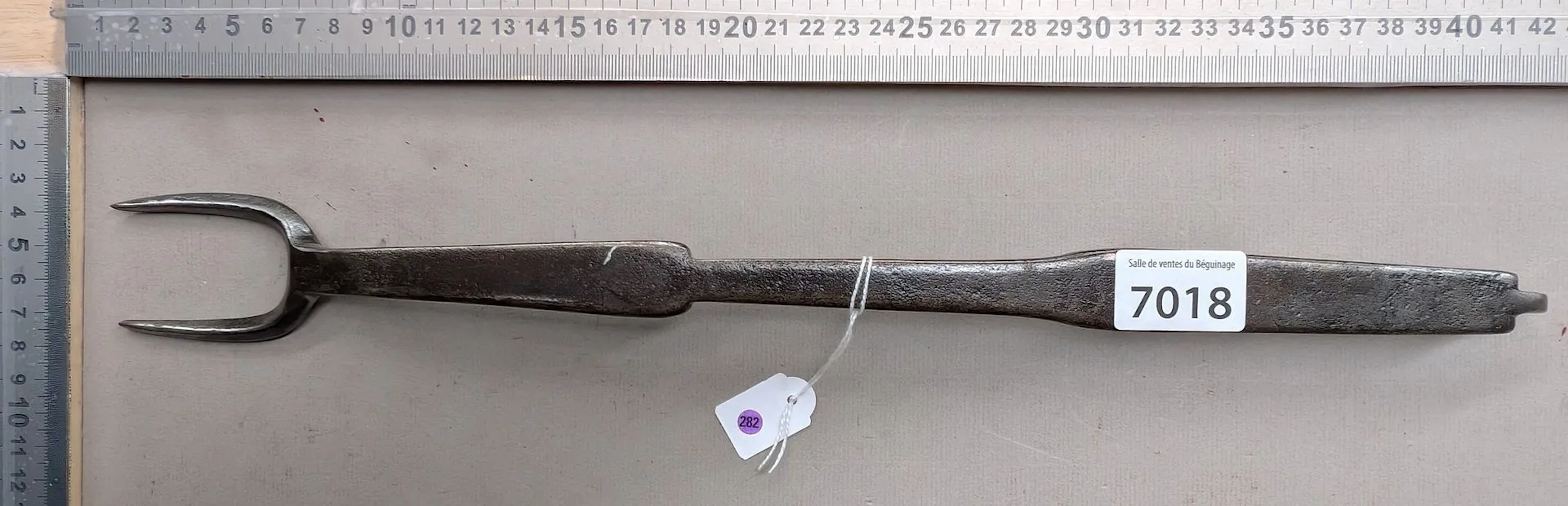 1 antique 18th-century wrought-iron hearth fork, 2 tines—see photos