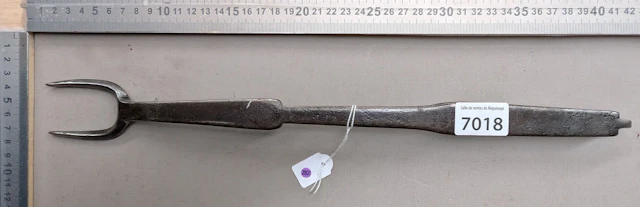 1 antique 18th-century wrought-iron hearth fork, 2 tines—see photos